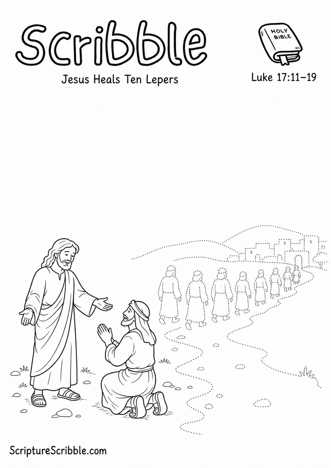 Black-and-white Luke 17:11–19 Scribble printable showing a Samaritan kneeling before Jesus while nine people continue on an unfinished road.