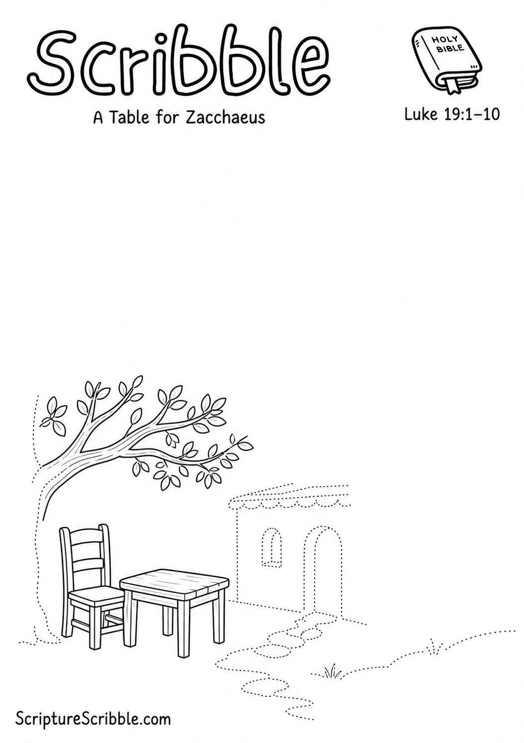 Black-and-white Luke 19:1–10 devotional drawing printable titled A Table for Zacchaeus, with an incomplete sycamore branch, table and unfinished house scene to finish
