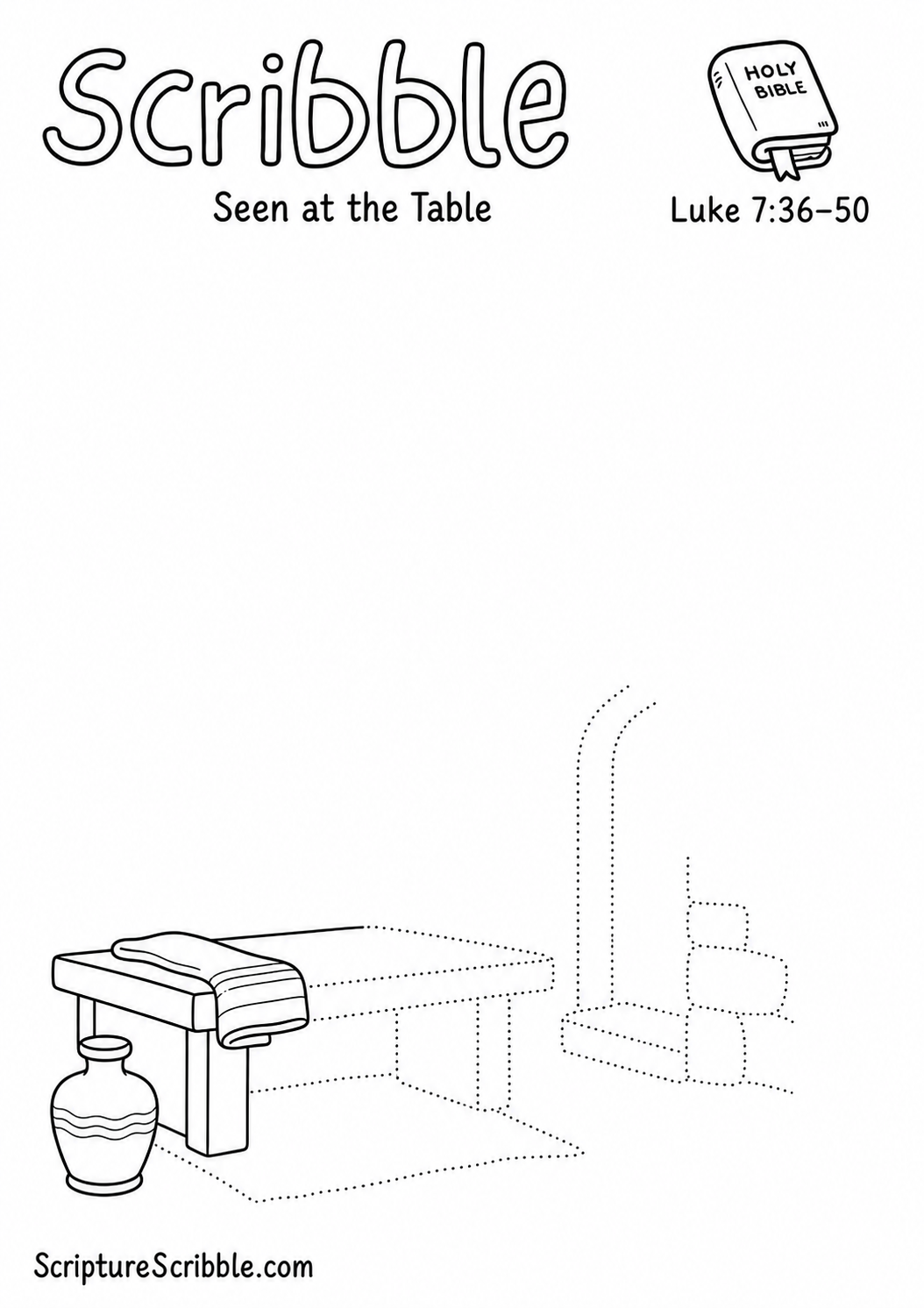 Black-and-white Luke 7:36–50 devotional drawing printable titled Seen at the Table, with an incomplete alabaster jar, towel and unfinished table scene to finish