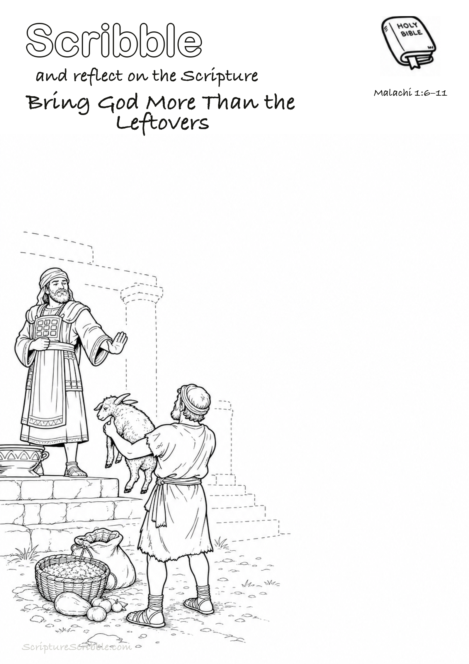 Black-and-white Malachi 1:6–11 devotional drawing page titled Bring God More Than the Leftovers, with a branded header, Bible reference and unfinished Bible scene.