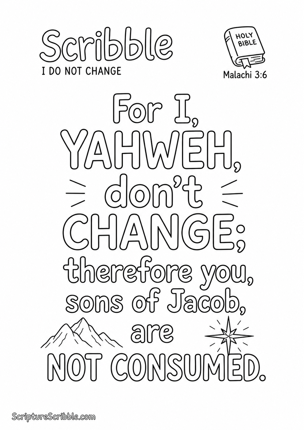 Black-and-white Malachi 3:6 Scripture typography colouring page featuring the full verse in large, clear outlined lettering.