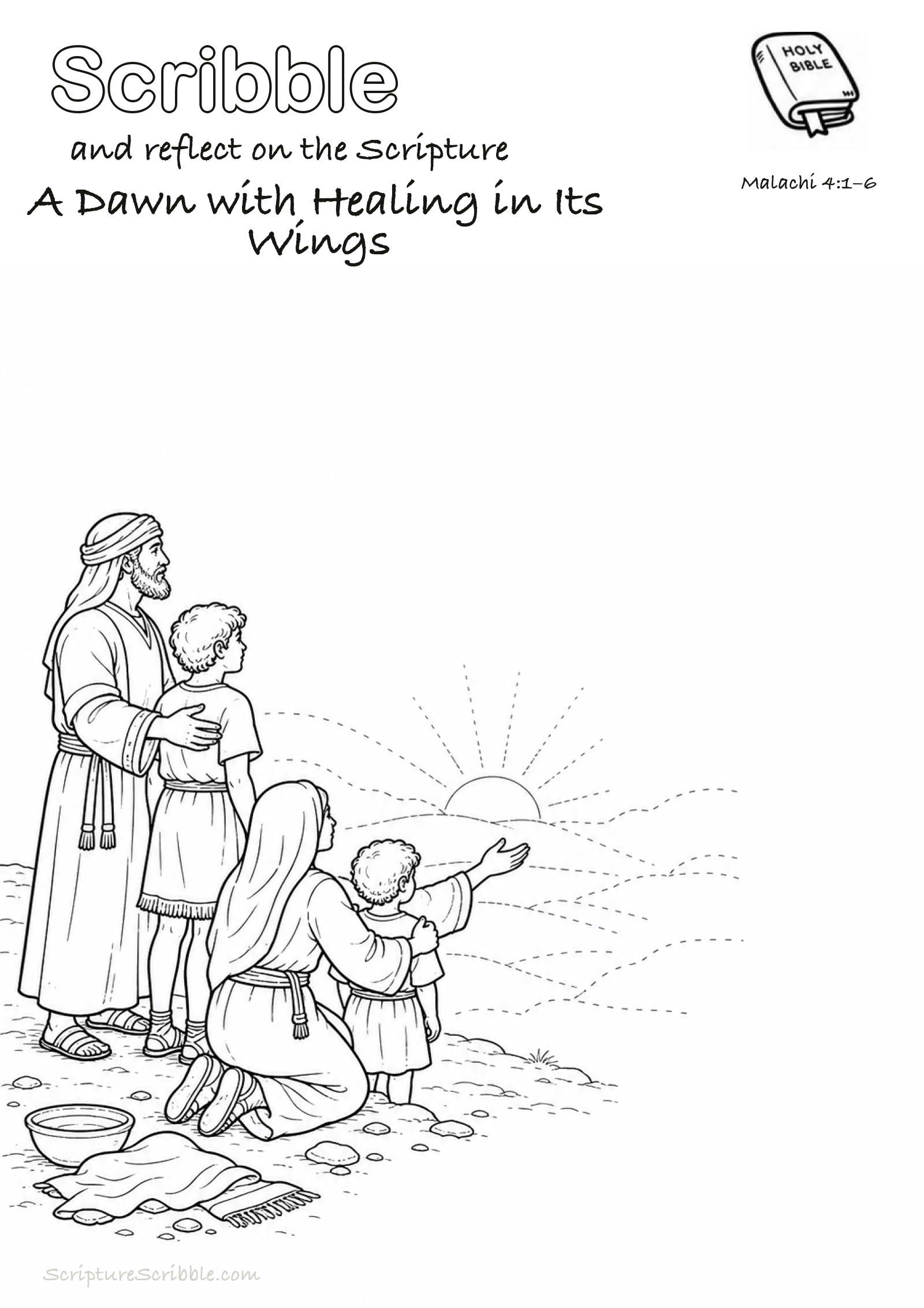 Black-and-white Malachi 4:1–6 devotional drawing page titled A Dawn with Healing in Its Wings, with a branded header, Bible reference and unfinished Bible scene.