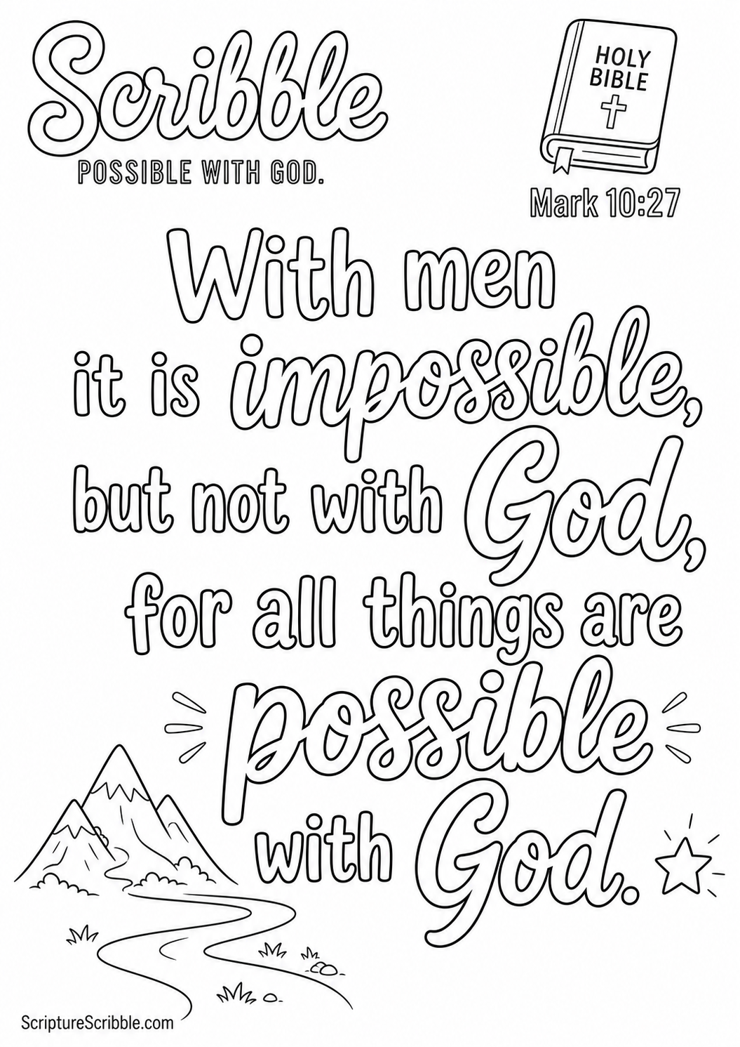 Black-and-white Mark 10:27 Scripture typography colouring page with the verse in large, clear outlined lettering.