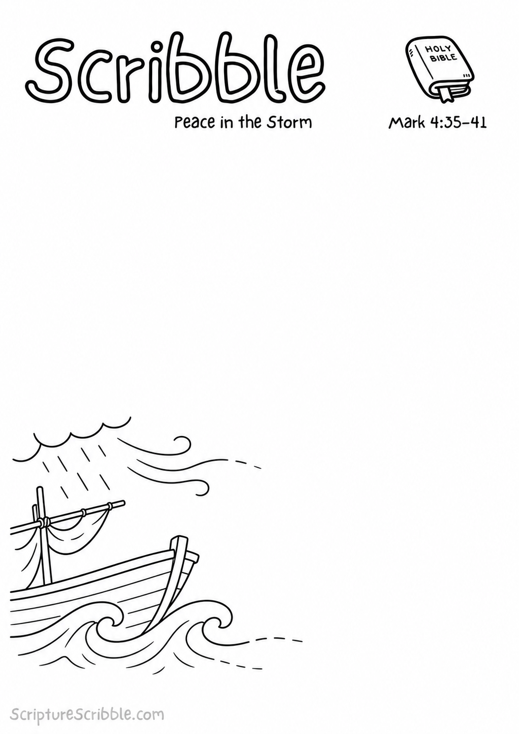 Black-and-white Mark 4:35–41 devotional drawing printable titled Peace in the Storm, with an incomplete boat, waves and wind scene to finish