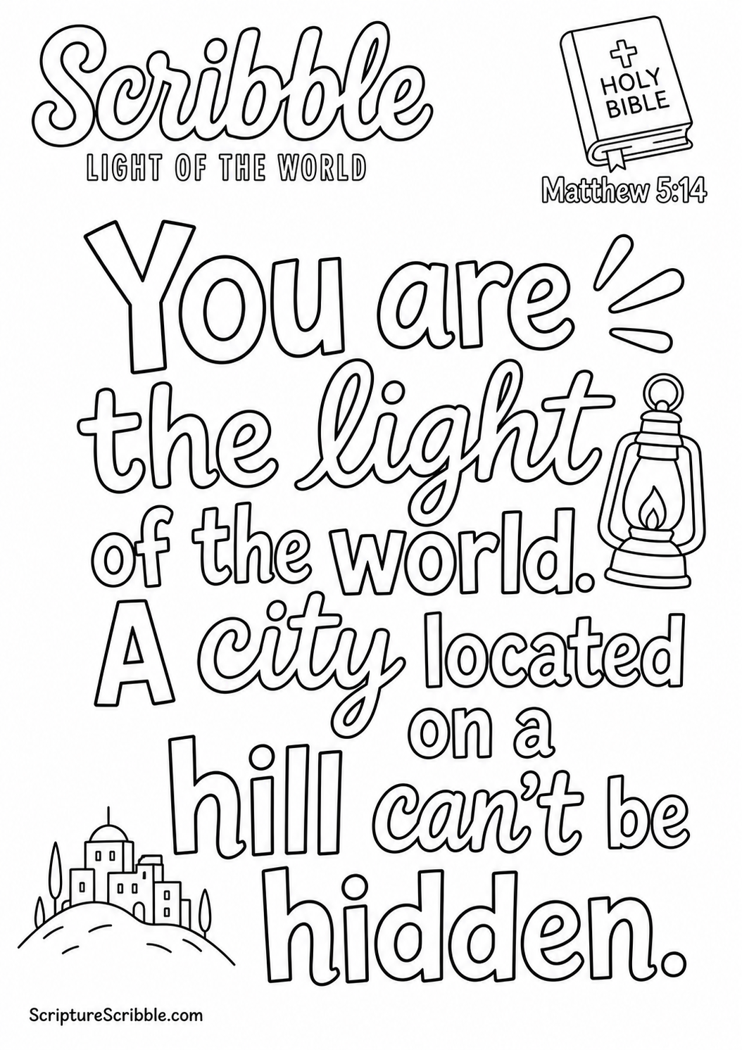 Black-and-white Matthew 5:14 Scripture typography colouring page with the verse in large, clear outlined lettering.