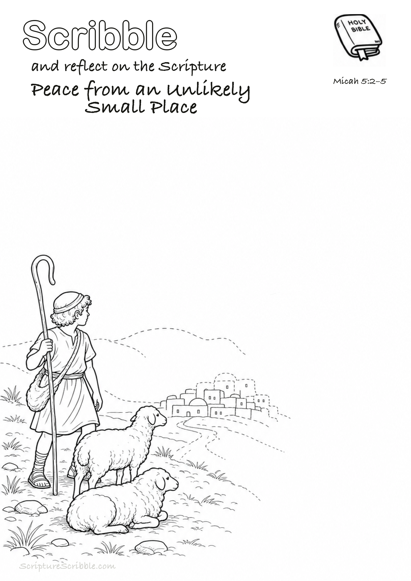Black-and-white Micah 5:2–5 devotional drawing page titled Peace from an Unlikely Small Place, with a branded header, Bible reference and unfinished Bible scene.