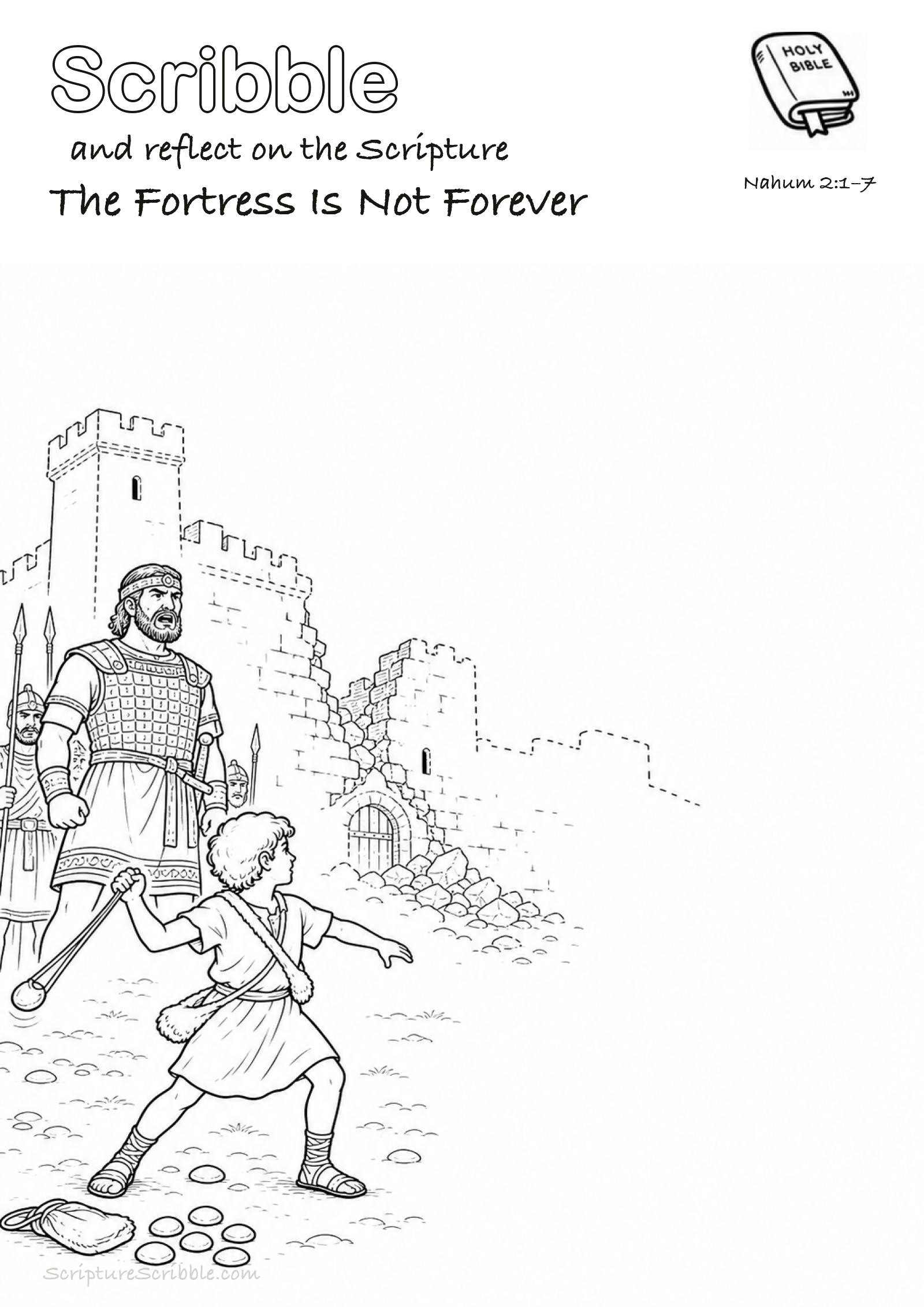 Black-and-white Nahum 2:1–7 devotional drawing page titled The Fortress Is Not Forever, with a branded header, Bible reference and unfinished Bible scene.