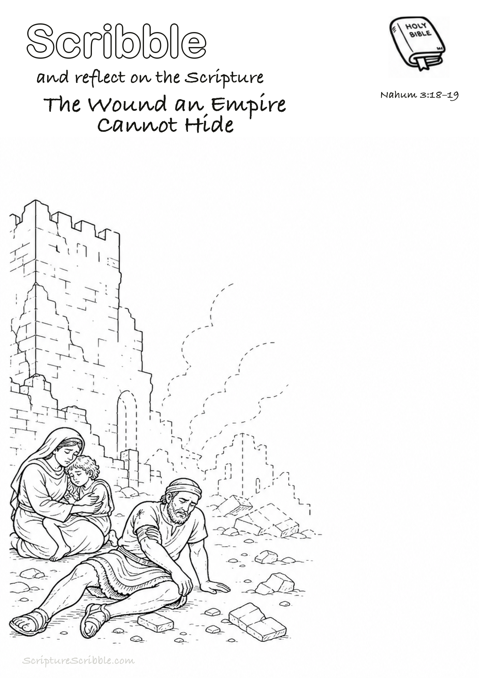 Black-and-white Nahum 3:18–19 devotional drawing page titled The Wound an Empire Cannot Hide, with a branded header, Bible reference and unfinished Bible scene.