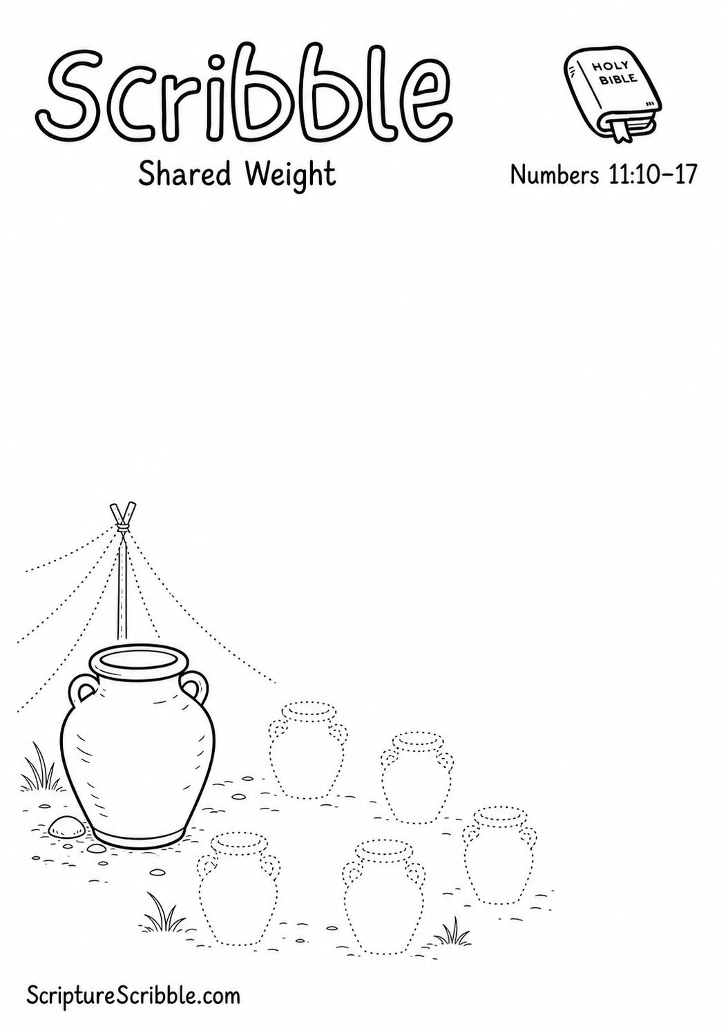 Black-and-white Numbers 11:10–17 devotional drawing printable titled Shared Weight, with an incomplete large jar, smaller jars and unfinished camp scene to finish