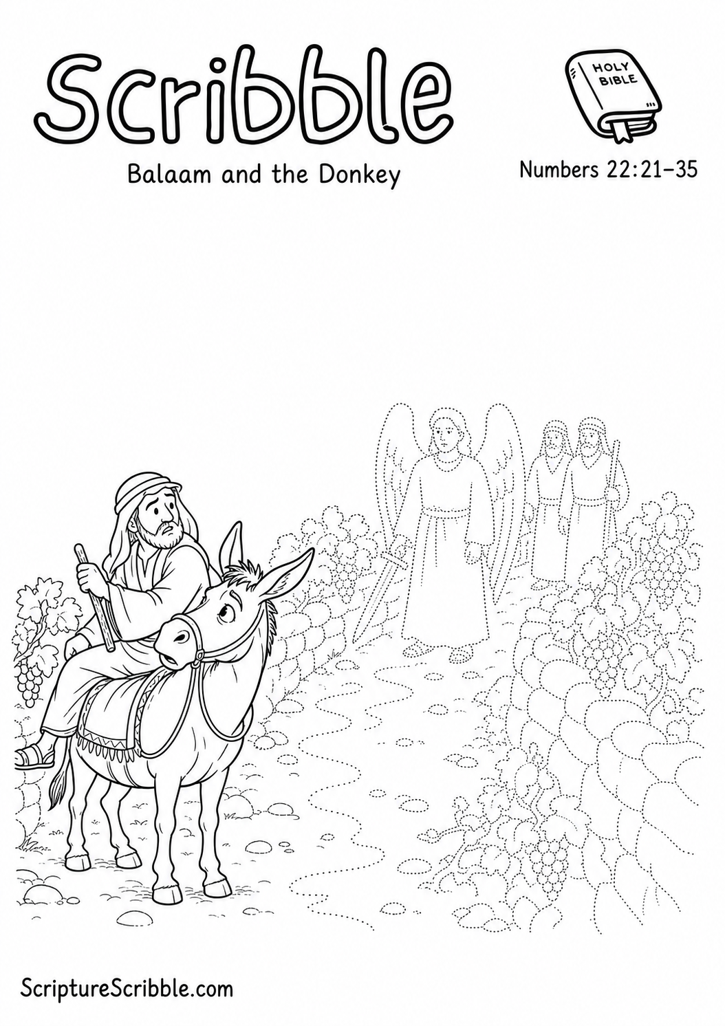 Black-and-white Numbers 22:21–35 Scribble printable showing Balaam on his stopped donkey before an angel with an unfinished vineyard road.