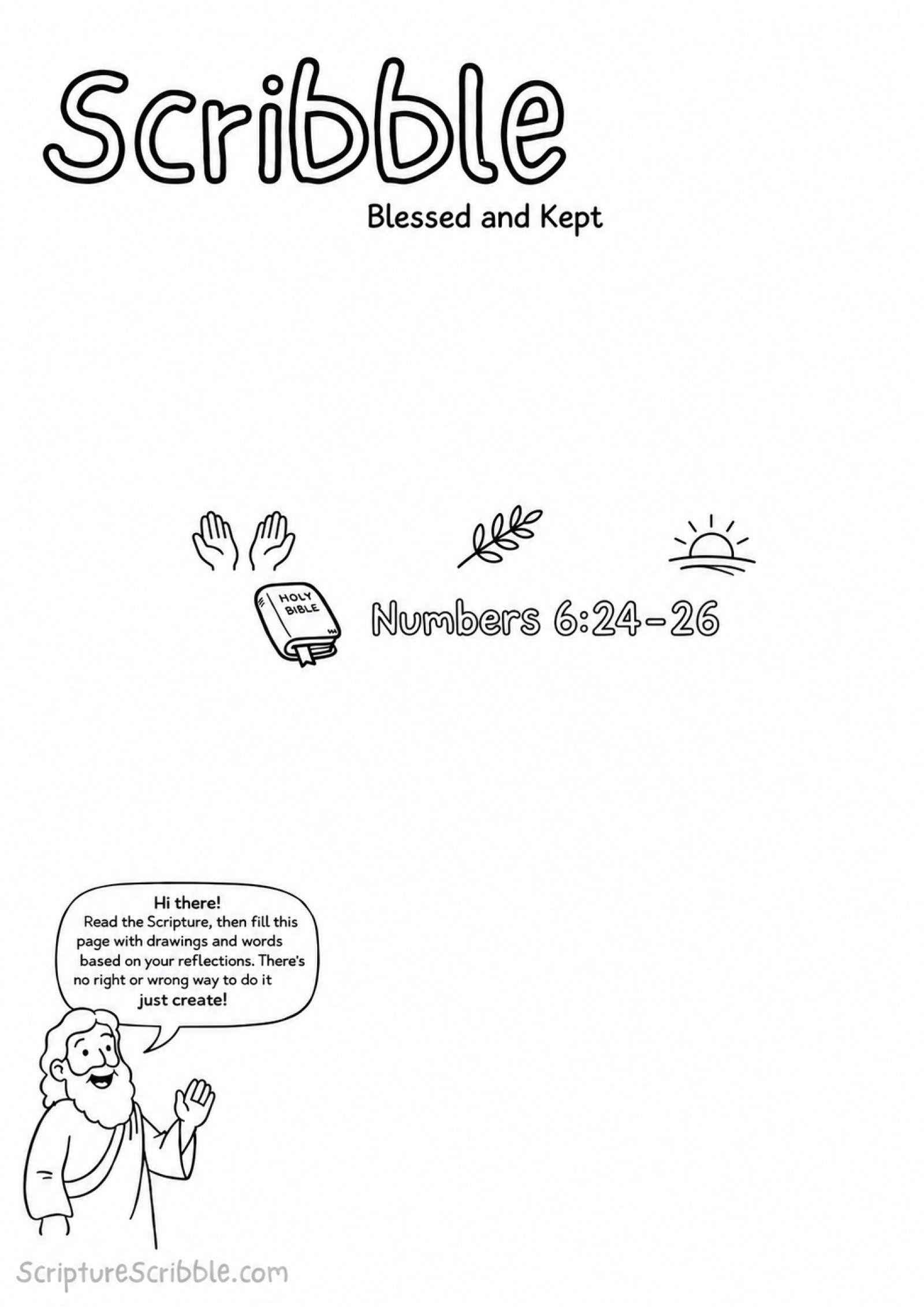 Black-and-white Numbers 6:24–26 creative Bible reflection worksheet with the Scribble heading, Holy Bible mark, open hands, olive branch and rising sun, and friendly guide character.