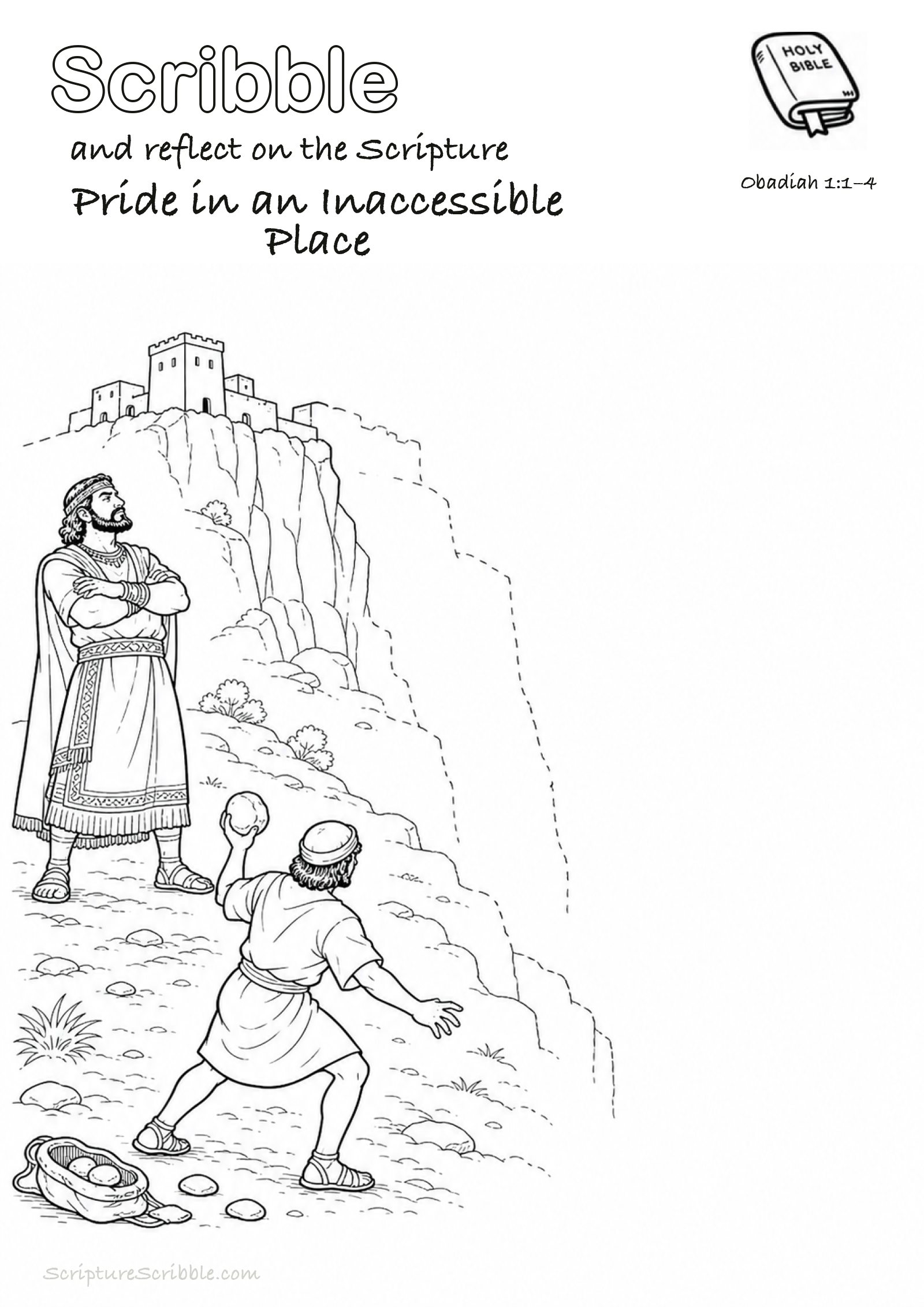 Black-and-white Obadiah 1:1–4 devotional drawing page titled Pride in an Inaccessible Place, with a branded header, Bible reference and unfinished Bible scene.