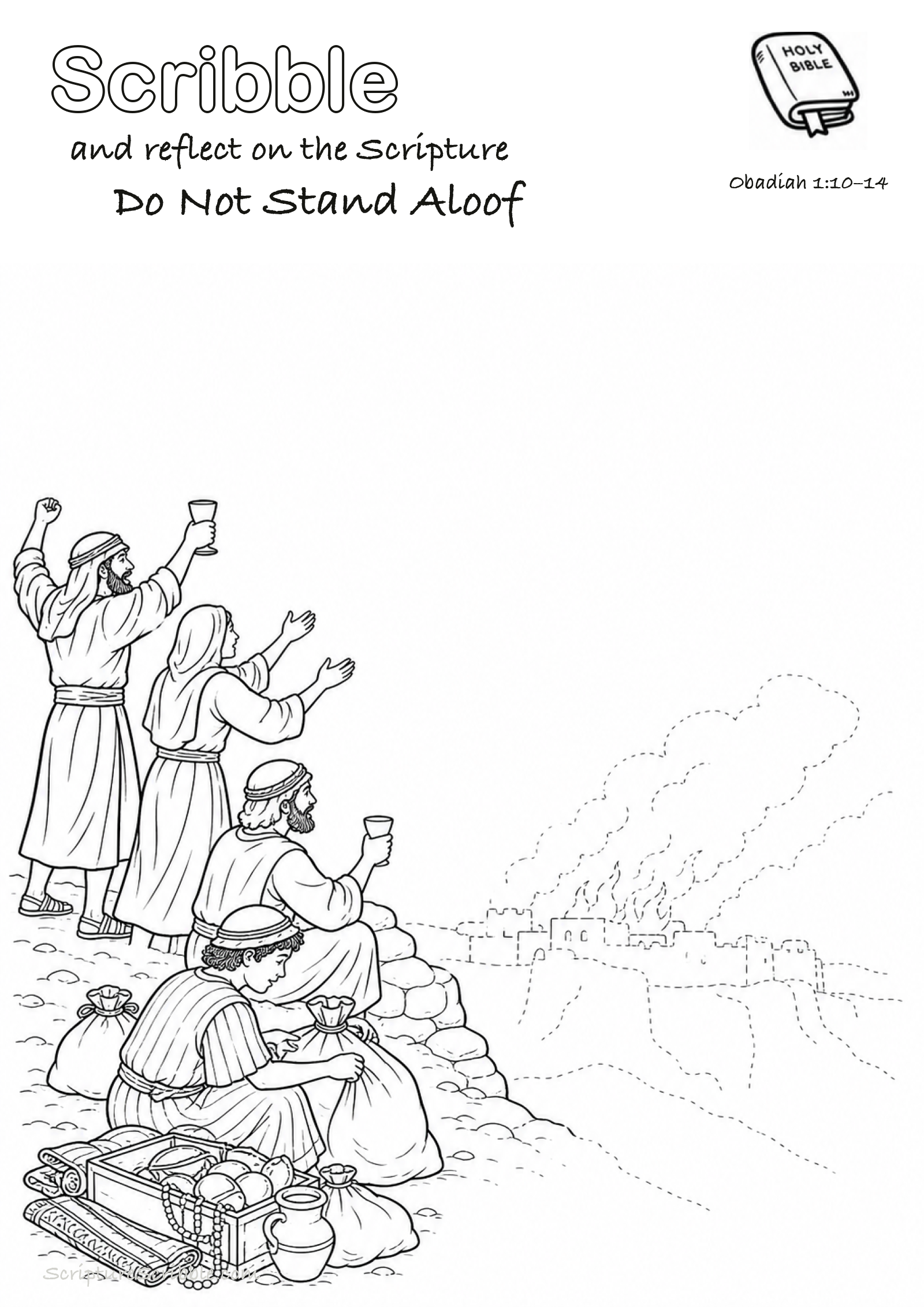 Black-and-white Obadiah 1:10–14 devotional drawing page titled Do Not Stand Aloof, with a branded header, Bible reference and unfinished Bible scene.