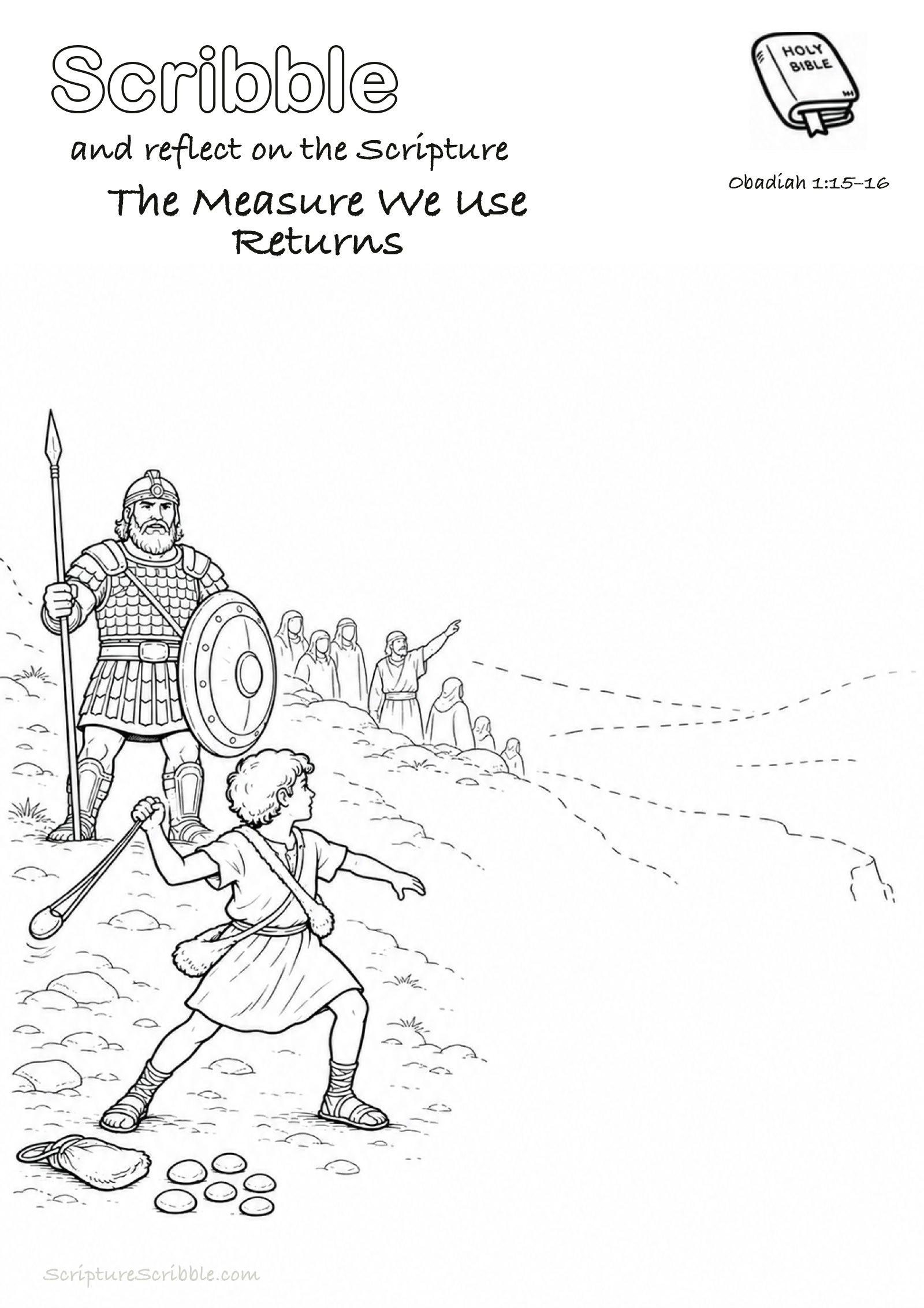 Black-and-white Obadiah 1:15–16 devotional drawing page titled The Measure We Use Returns, with a branded header, Bible reference and unfinished Bible scene.