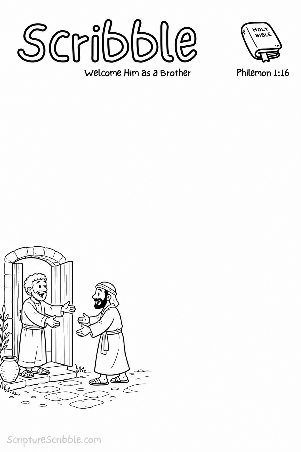 Black-and-white Philemon 1:16 Scribble printable showing two men greeting with open hands at an open doorway and a large blank area to complete.