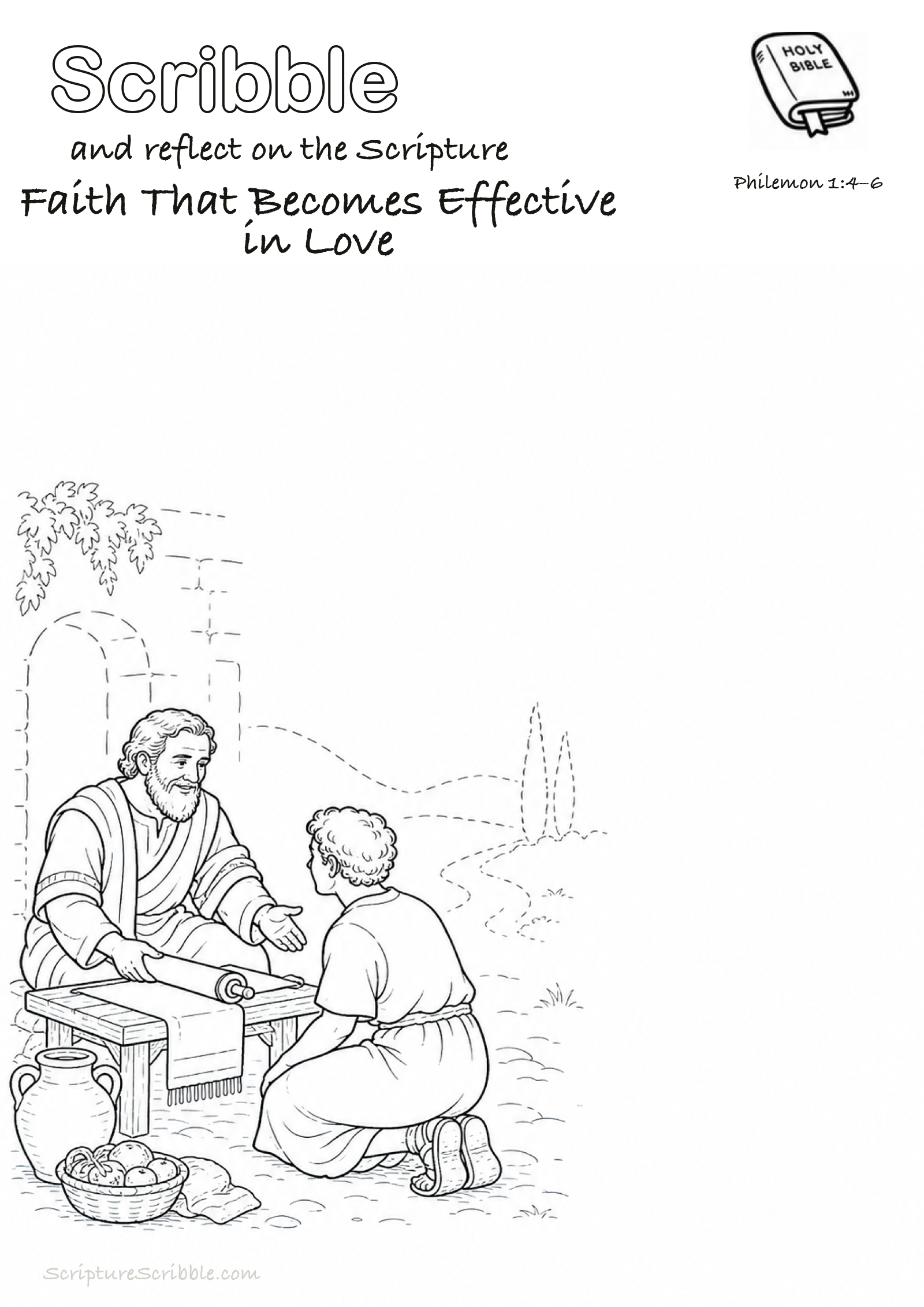 Black-and-white Philemon 1:4–6 devotional drawing page titled Faith That Becomes Effective in Love, with a branded header, Bible reference and unfinished Bible scene.