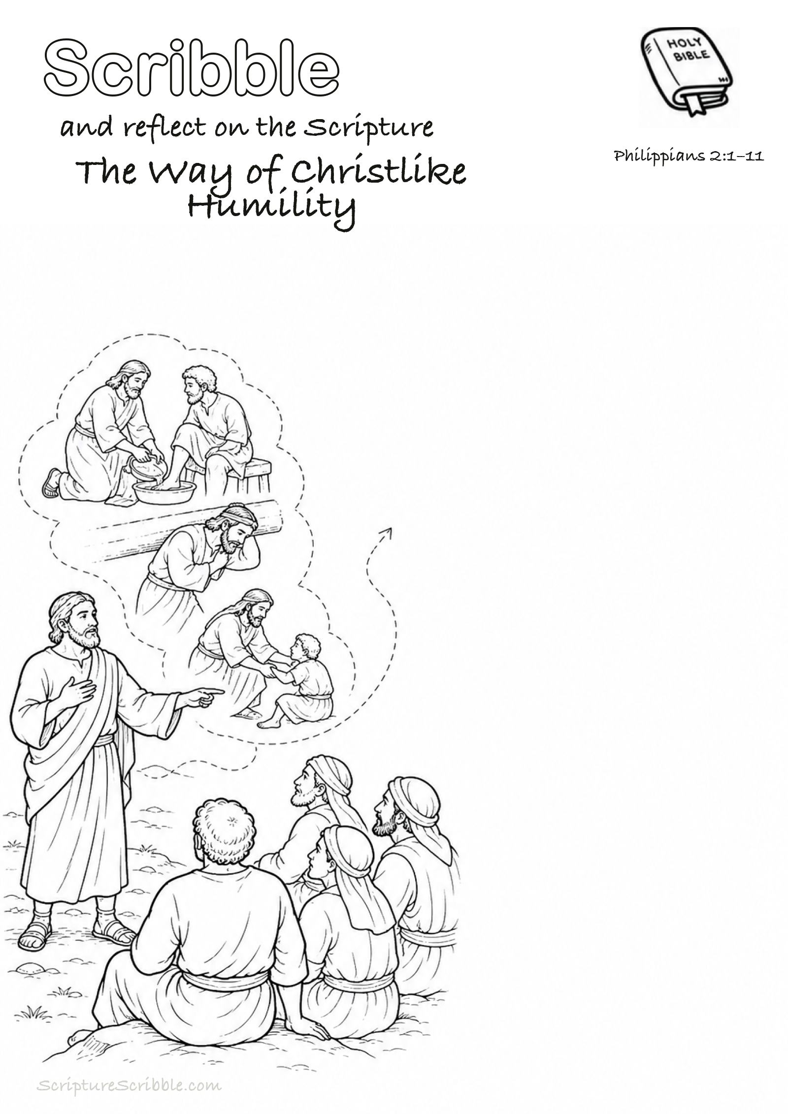 Black-and-white Philippians 2:1–11 devotional drawing page titled The Way of Christlike Humility, with a branded header, Bible reference and unfinished Bible scene.