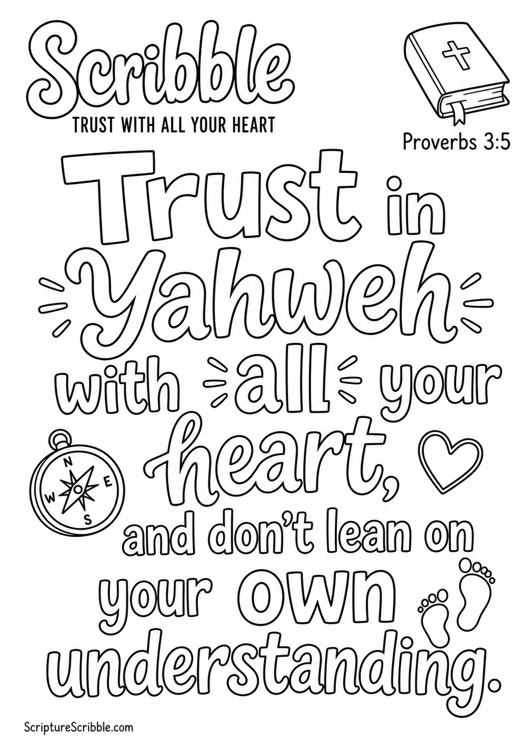 Black-and-white Proverbs 3:5 Scripture typography colouring page with the verse in large, clear outlined lettering.
