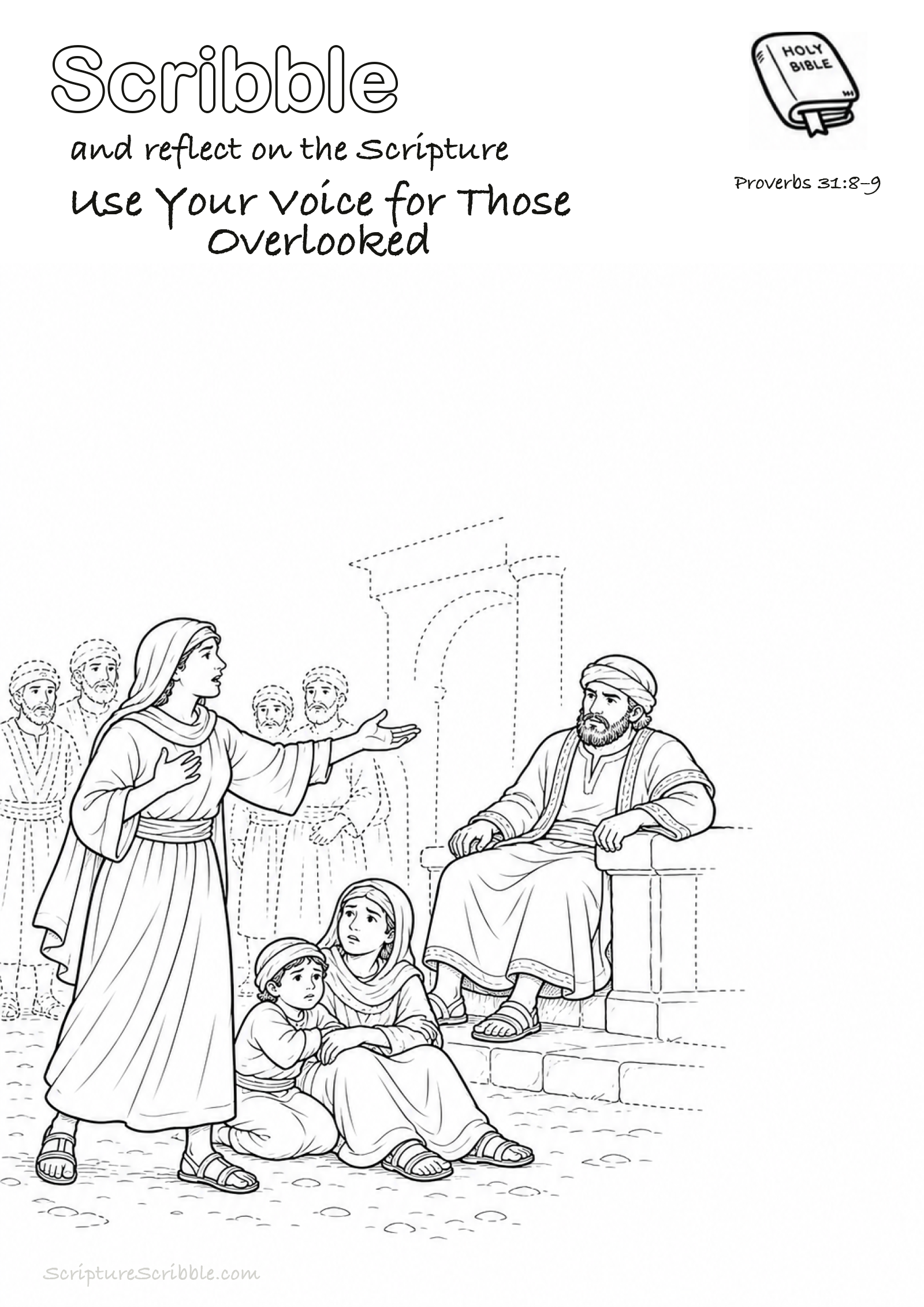 Black-and-white Proverbs 31:8–9 devotional drawing page titled Use Your Voice for Those Overlooked, with a branded header, Bible reference and unfinished Bible scene.