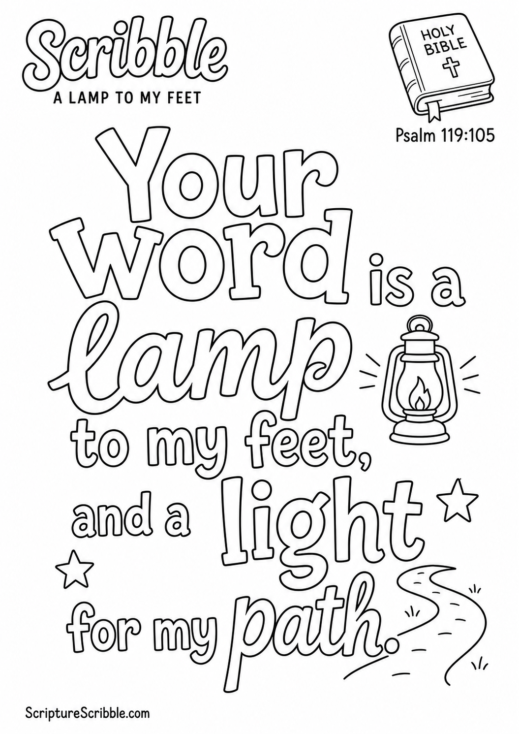 Black-and-white Psalm 119:105 Scripture typography colouring page with the verse in large, clear outlined lettering.