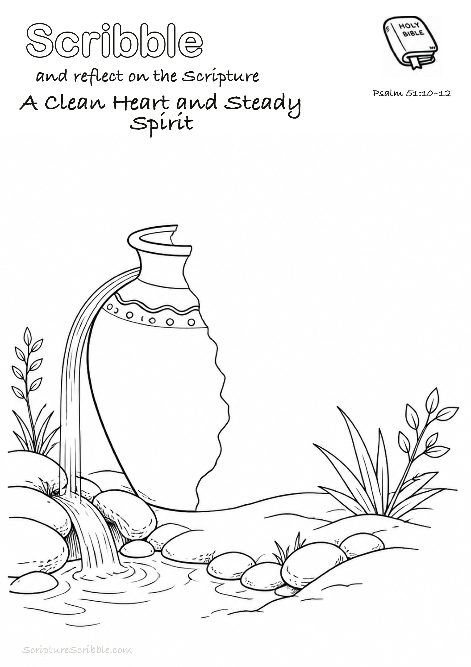 Black-and-white Psalm 51:10–12 devotional drawing page titled A Clean Heart and Steady Spirit, with a branded header, Bible reference and unfinished Bible scene.