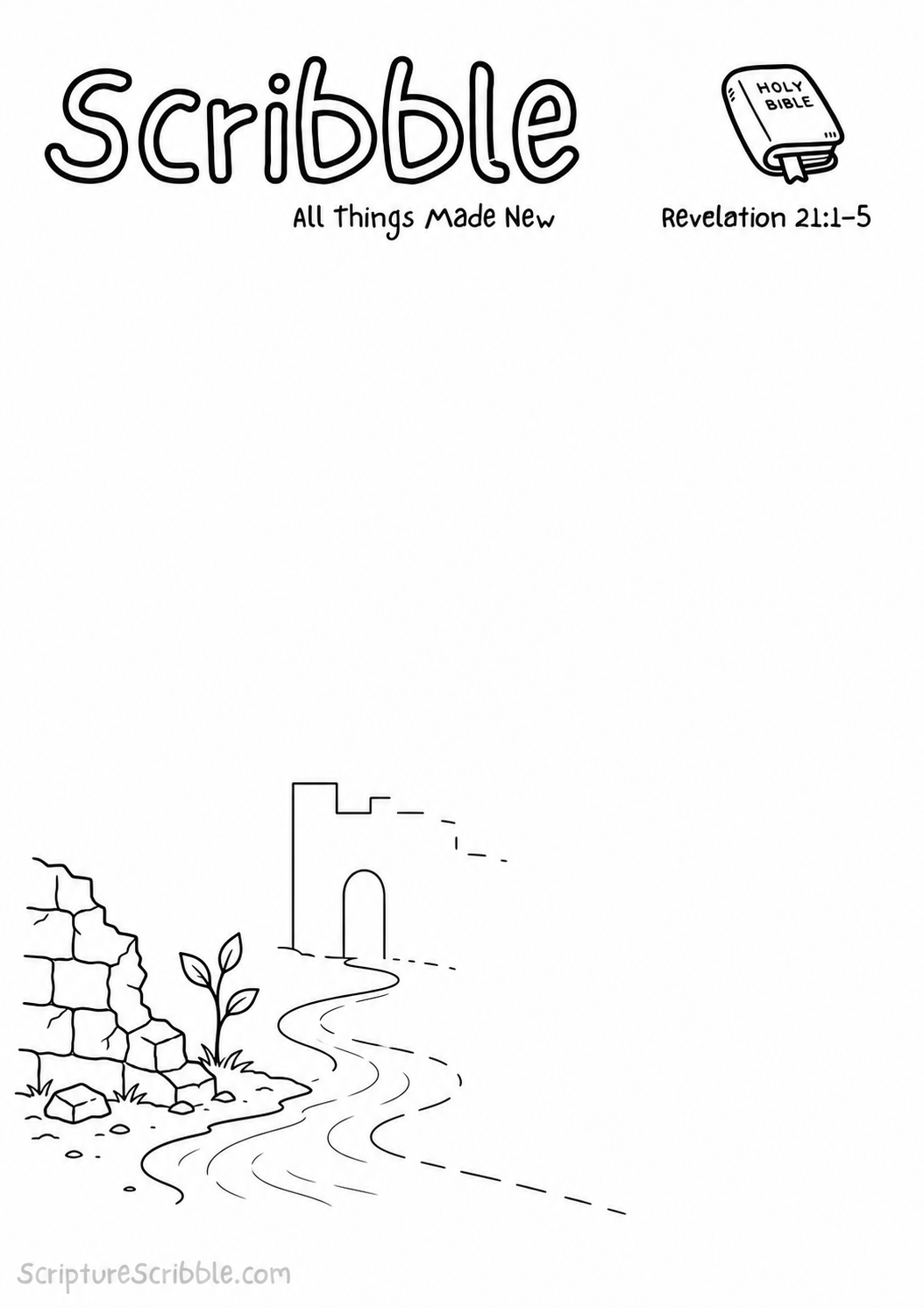 Black-and-white Revelation 21:1–5 devotional drawing printable titled All Things Made New, with an incomplete new shoot, river and unfinished city scene to finish