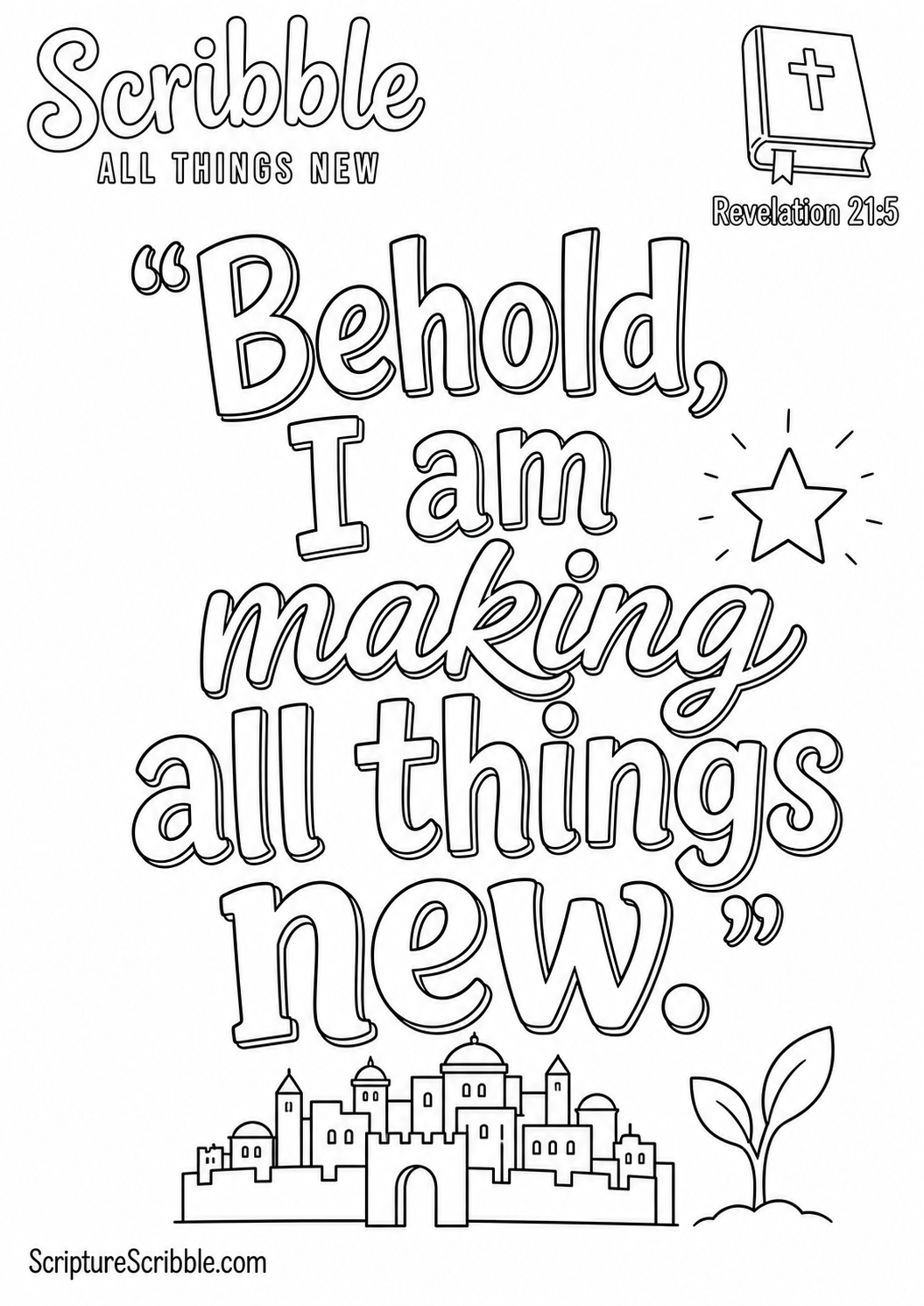Black-and-white Revelation 21:5 Scripture typography colouring page with the verse in large, clear outlined lettering.