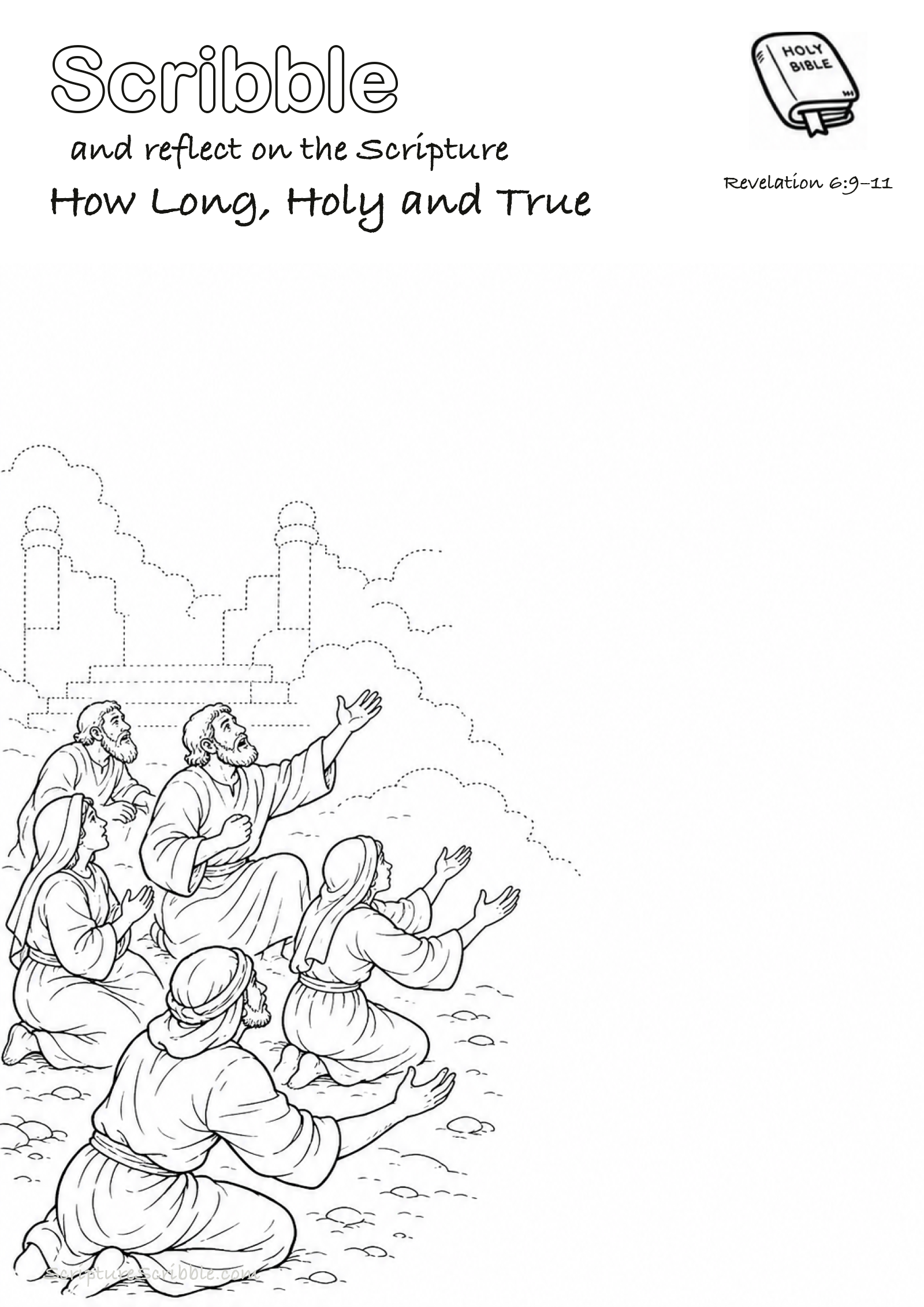 Black-and-white Revelation 6:9–11 devotional drawing page titled How Long, Holy and True, with a branded header, Bible reference and unfinished Bible scene.