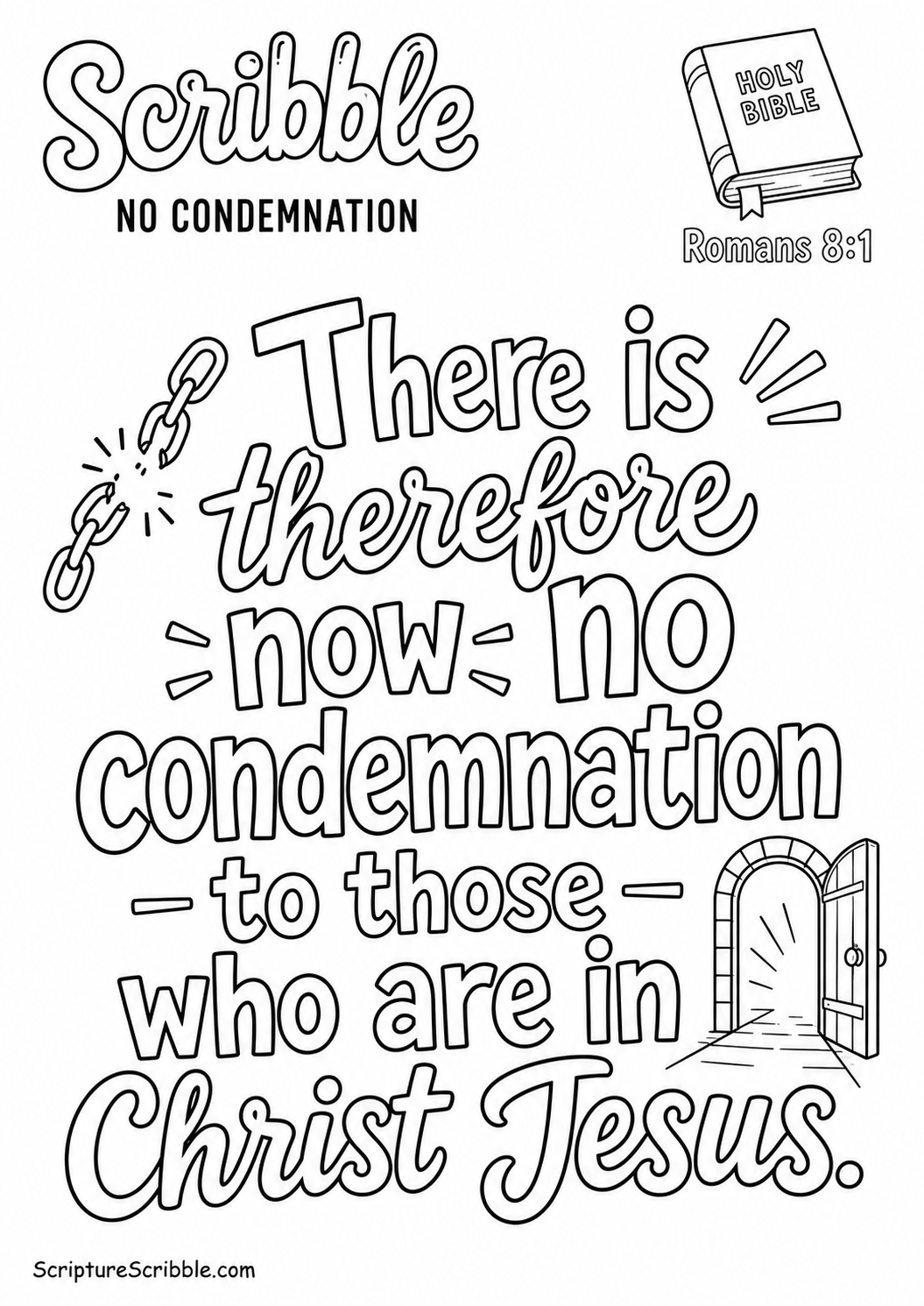 Black-and-white Romans 8:1 Scripture typography colouring page with the verse in large, clear outlined lettering.