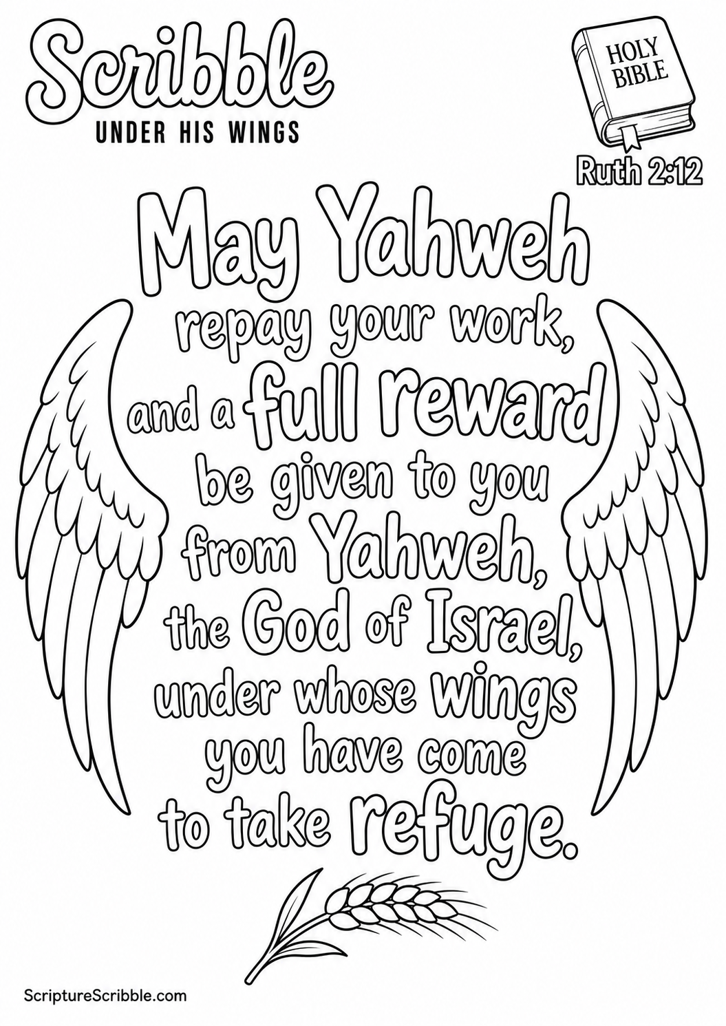 Black-and-white Ruth 2:12 Scripture typography colouring page with the verse in large, clear outlined lettering.