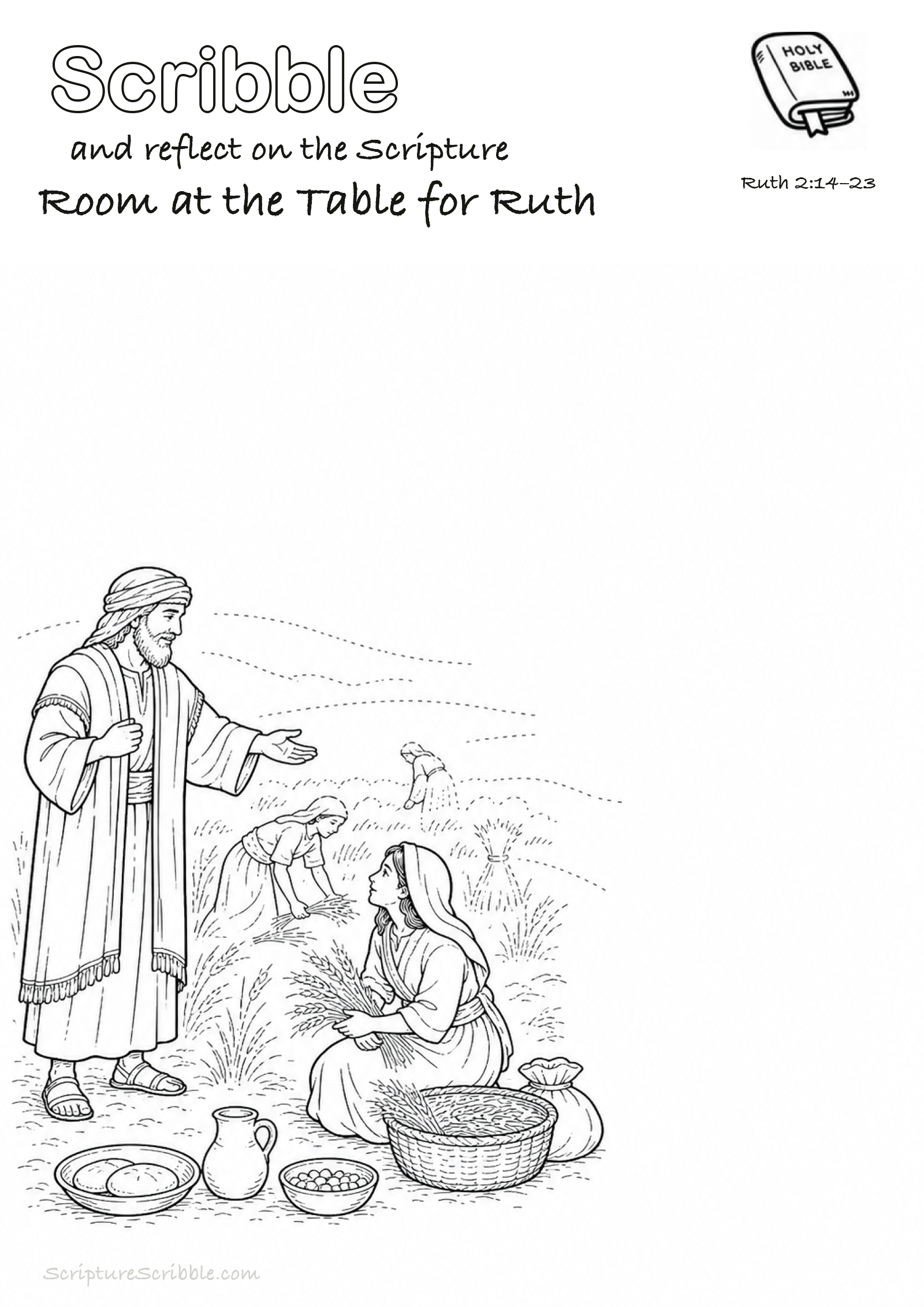 Black-and-white Ruth 2:14–23 devotional drawing page titled Room at the Table for Ruth, with a branded header, Bible reference and unfinished Bible scene.