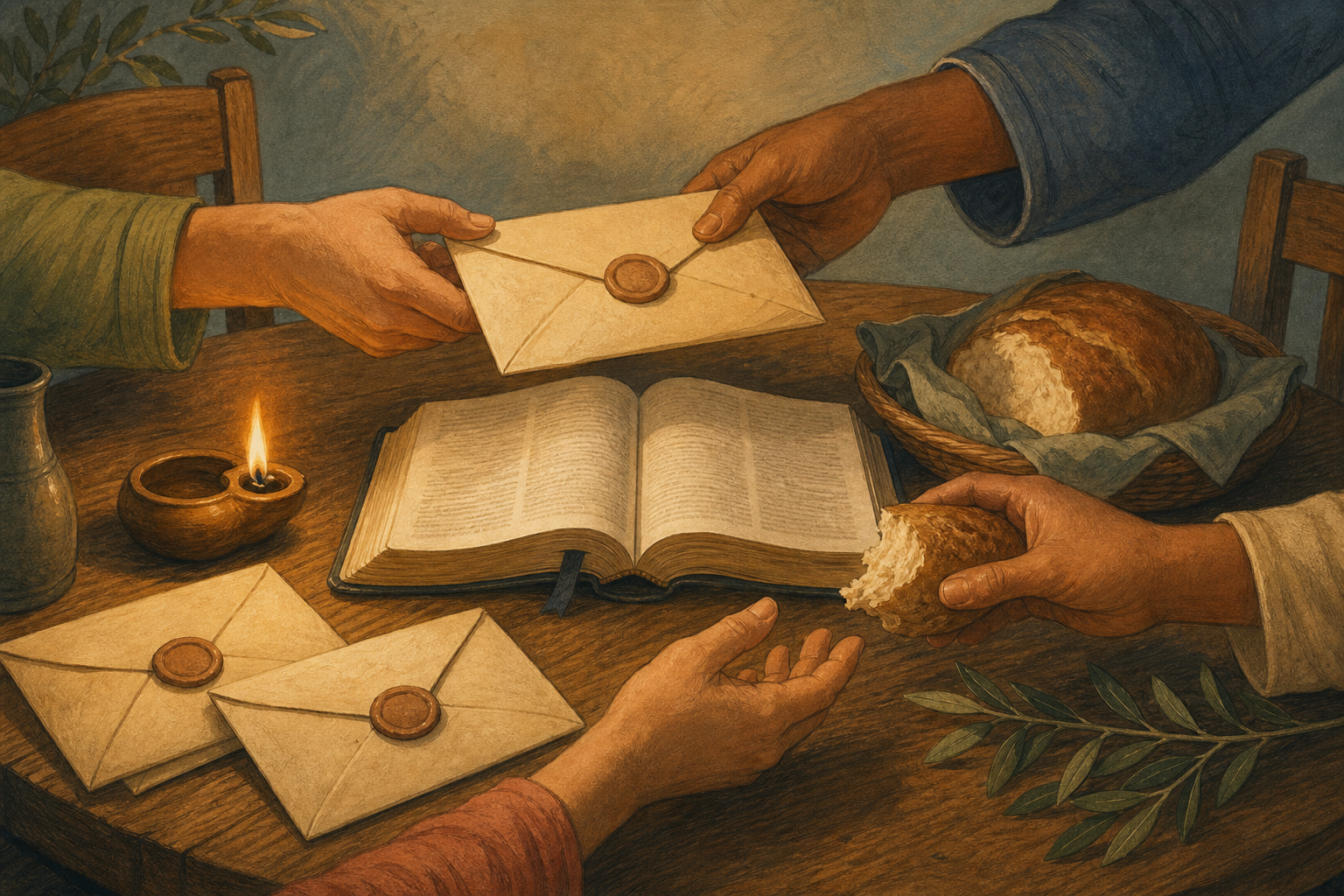 Hands exchange a sealed letter and share bread around an open Bible and warm lamp.