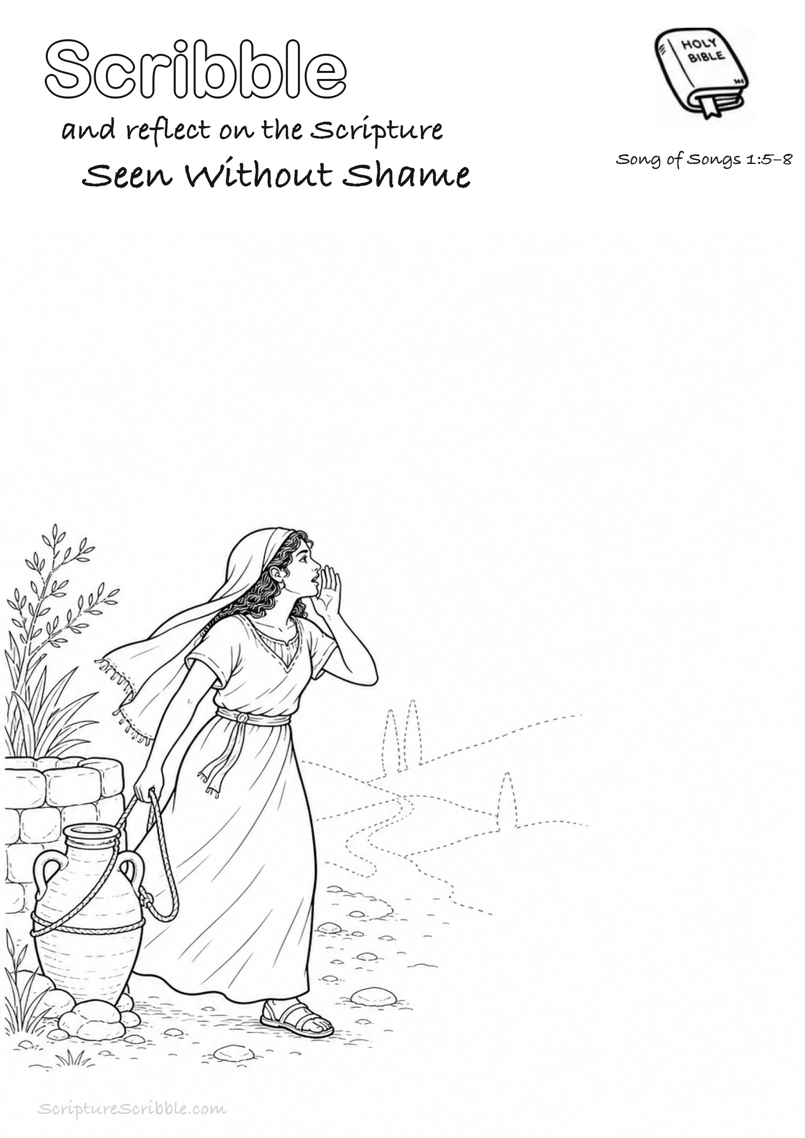 Black-and-white Song of Songs 1:5–8 devotional drawing page titled Seen Without Shame, with a branded header, Bible reference and unfinished Bible scene.