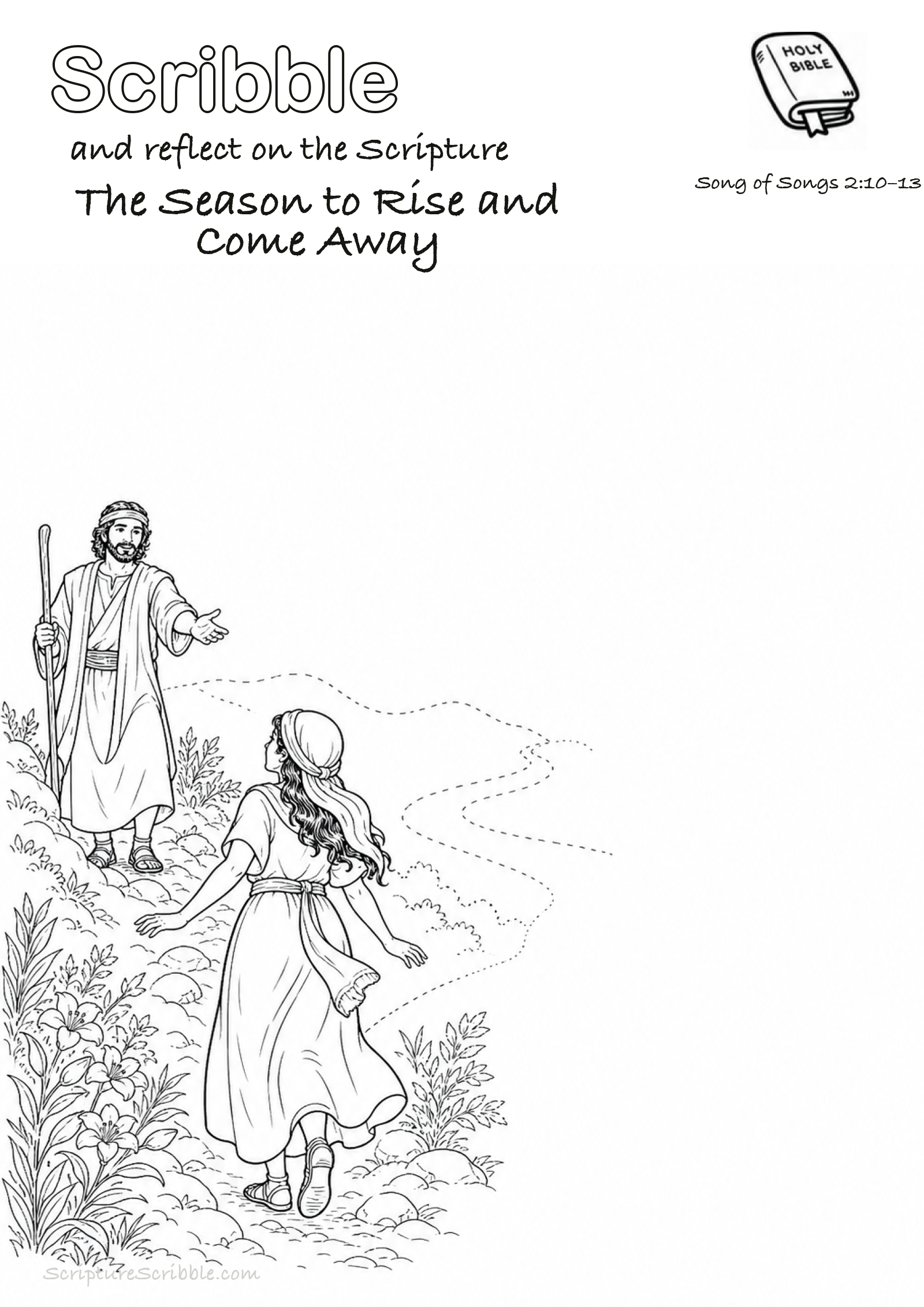 Black-and-white Song of Songs 2:10–13 devotional drawing page titled The Season to Rise and Come Away, with a branded header, Bible reference and unfinished Bible scene.