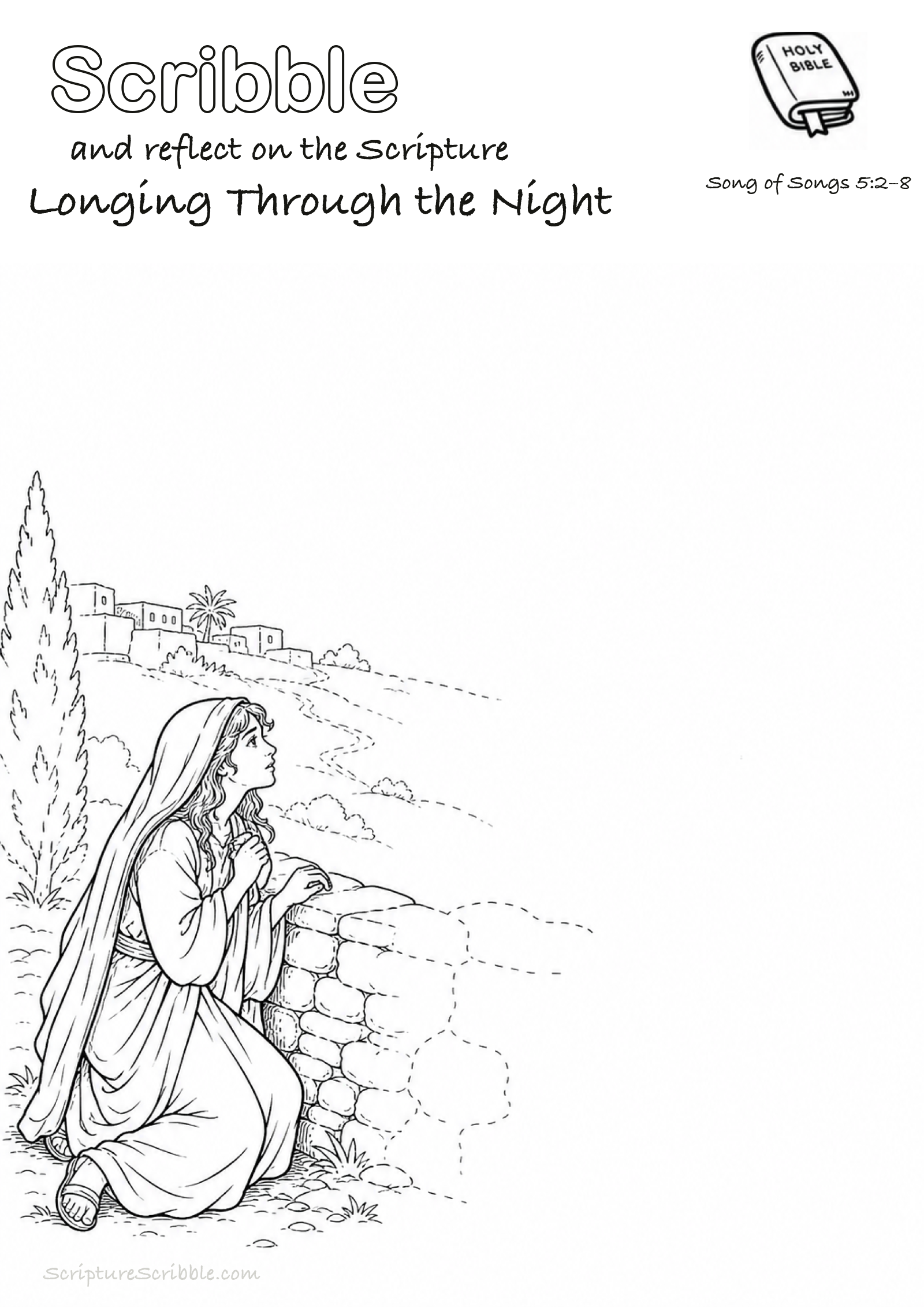 Black-and-white Song of Songs 5:2–8 devotional drawing page titled Longing Through the Night, with a branded header, Bible reference and unfinished Bible scene.