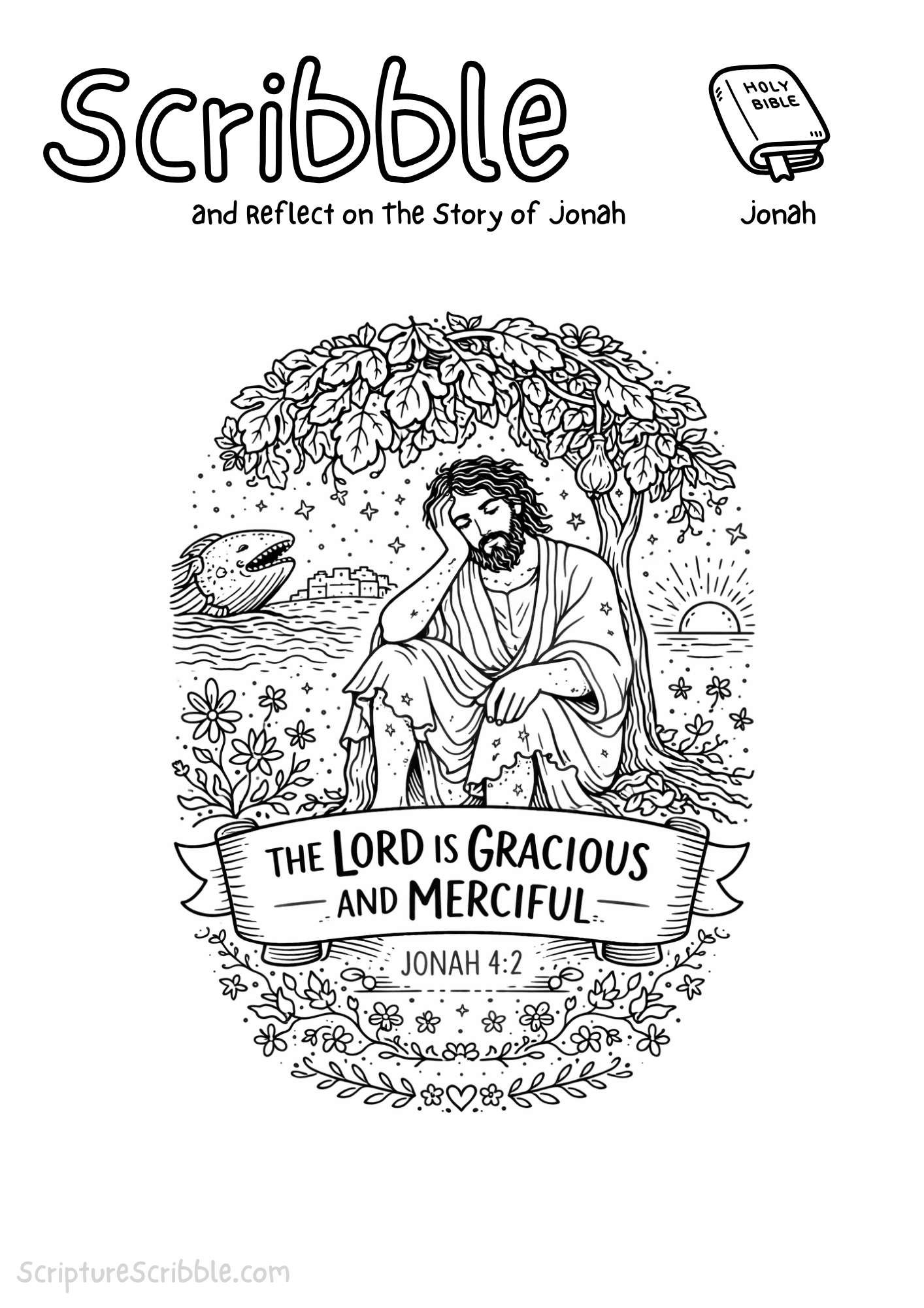 Printable reflection and drawing activity for The Lord Is Gracious and Merciful: Jonah 4:2 Bible Coloring Page & Devotional Reflection Printable