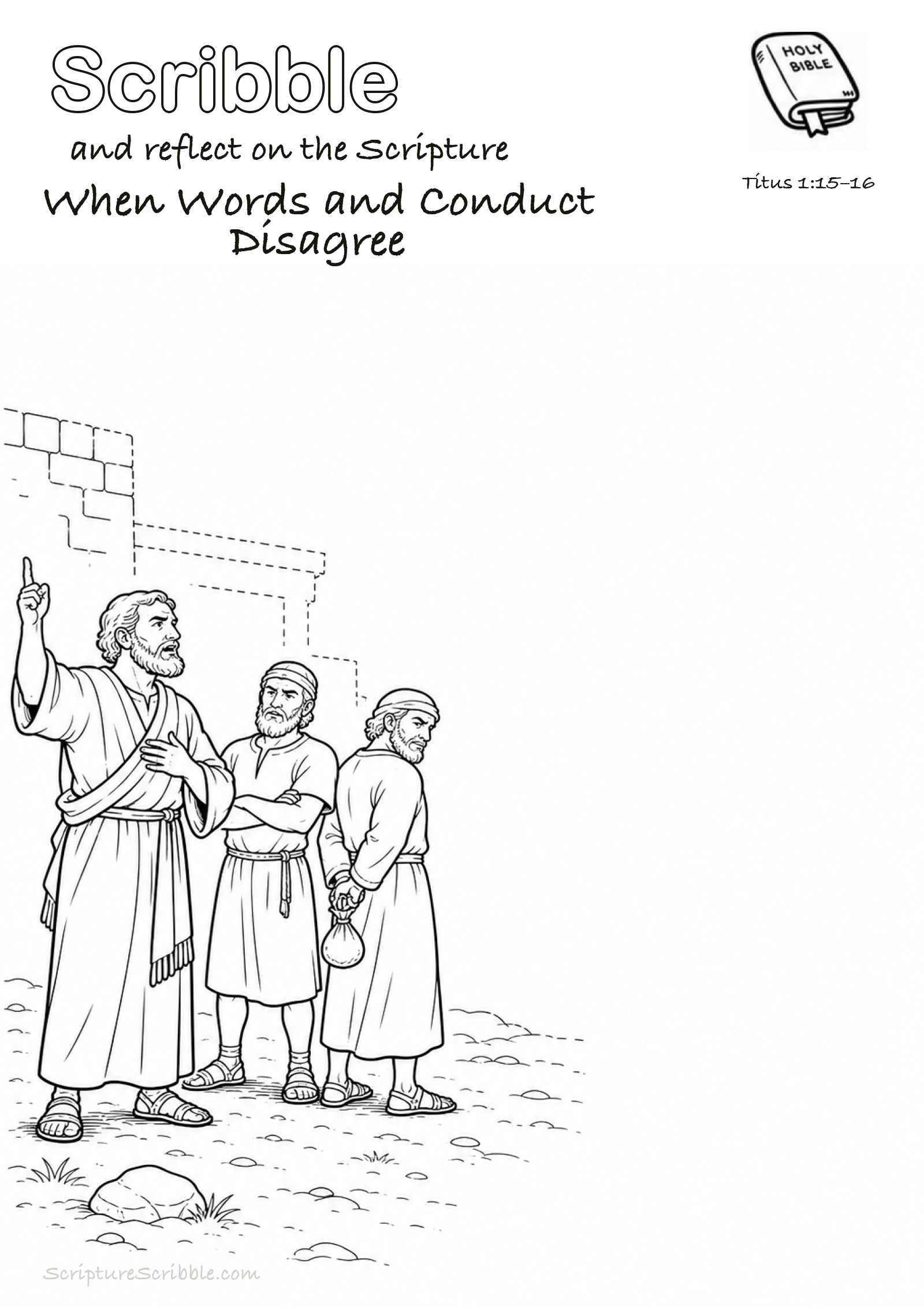 Black-and-white Titus 1:15–16 devotional drawing page titled When Words and Conduct Disagree, with a branded header, Bible reference and unfinished Bible scene.