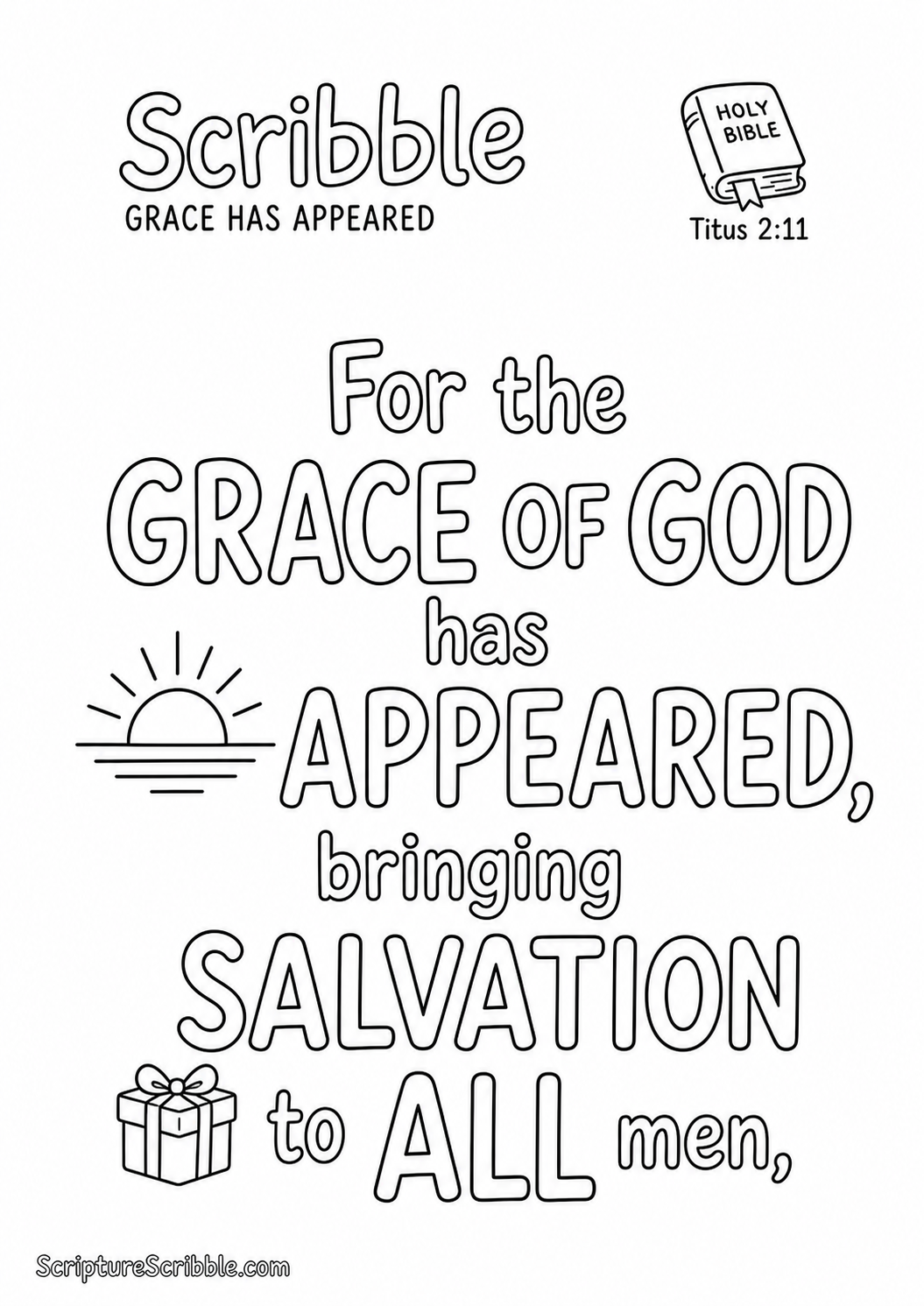 Black-and-white Titus 2:11 Scripture typography colouring page featuring the full verse in large, clear outlined lettering.