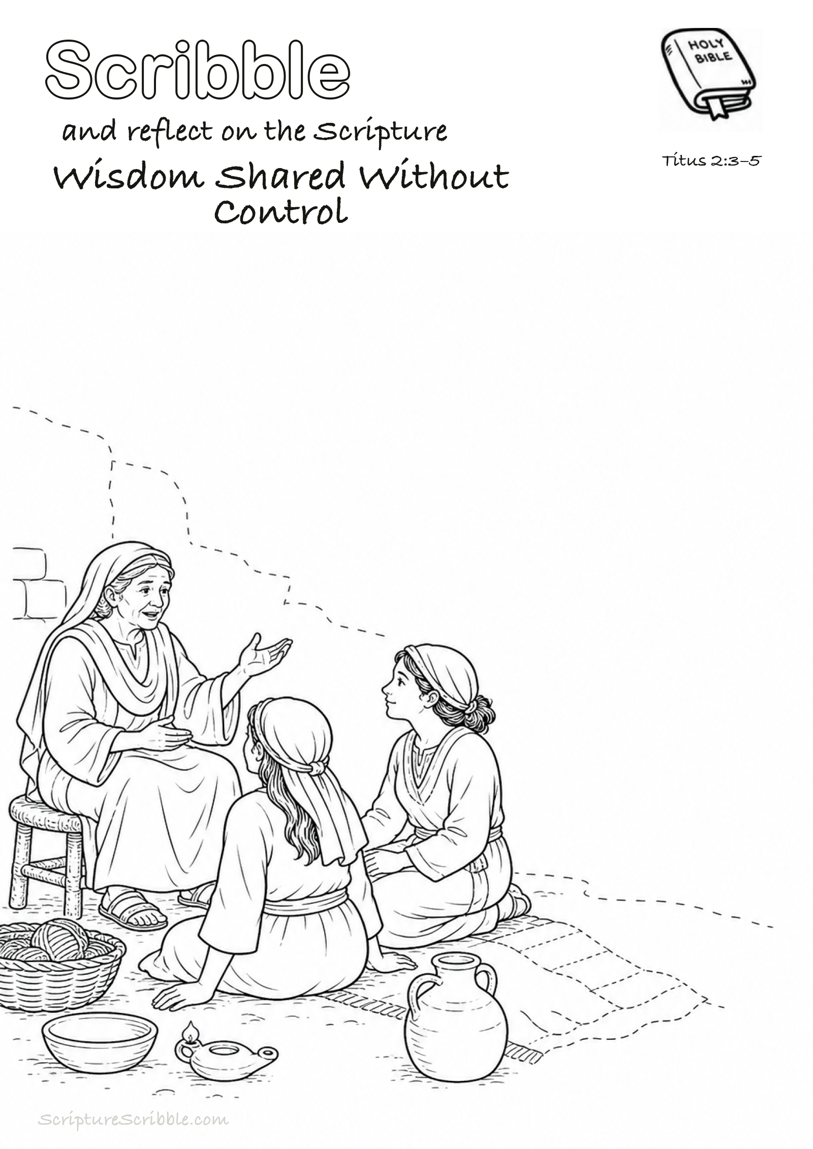 Black-and-white Titus 2:3–5 devotional drawing page titled Wisdom Shared Without Control, with a branded header, Bible reference and unfinished Bible scene.