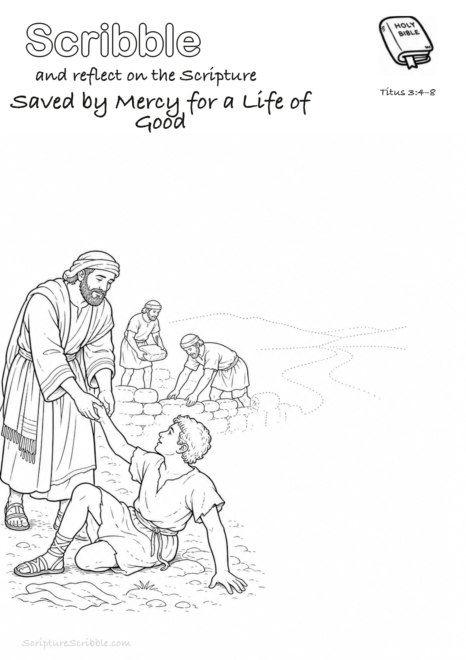 Black-and-white Titus 3:4–8 devotional drawing page titled Saved by Mercy for a Life of Good, with a branded header, Bible reference and unfinished Bible scene.