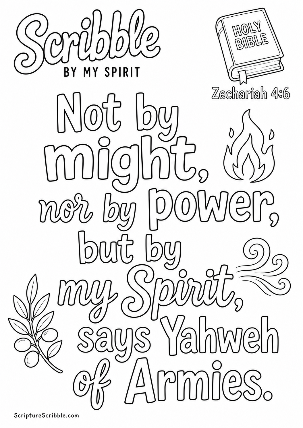 Black-and-white Zechariah 4:6 Scripture typography colouring page with the verse in large, clear outlined lettering.