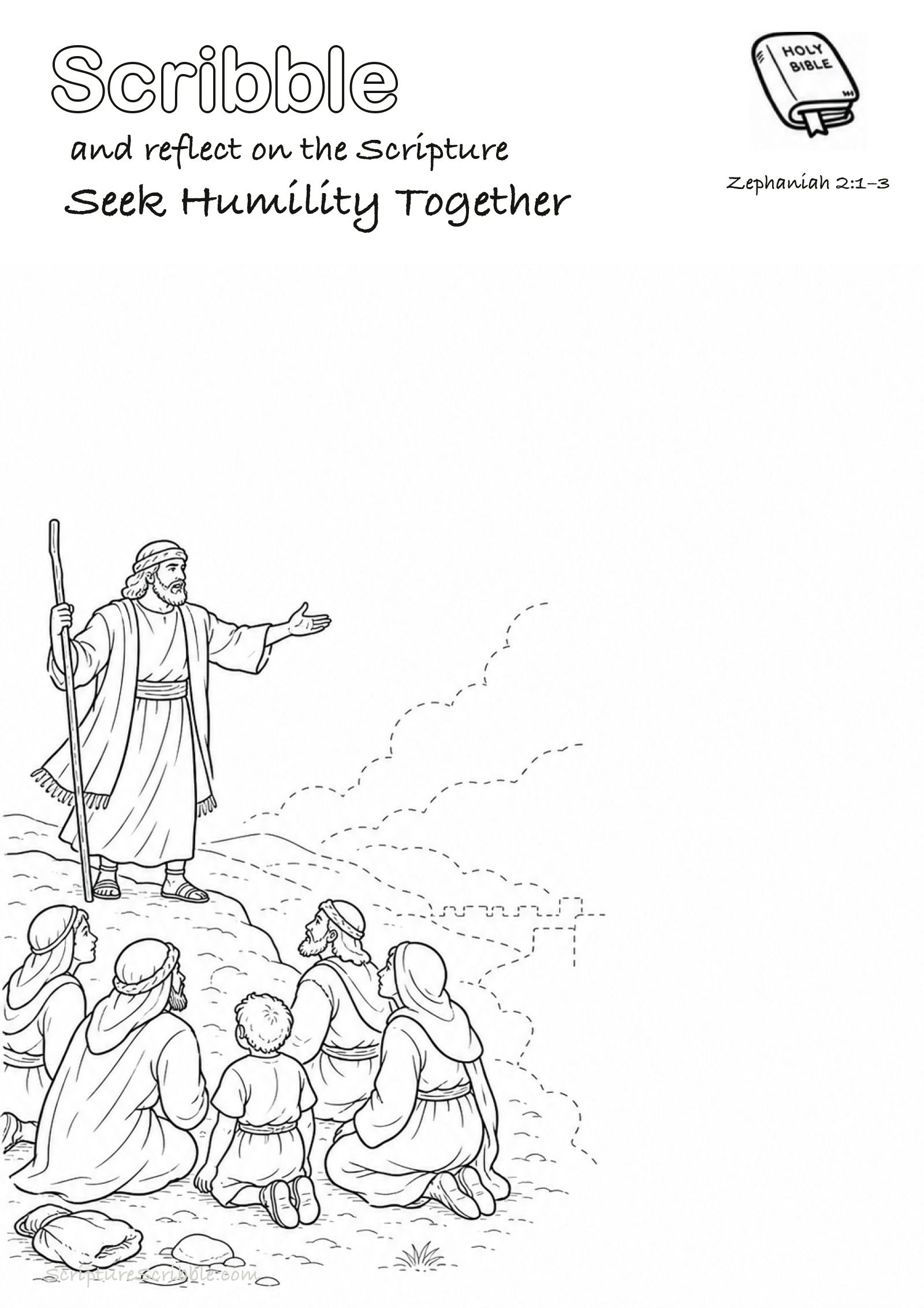 Black-and-white Zephaniah 2:1–3 devotional drawing page titled Seek Humility Together, with a branded header, Bible reference and unfinished Bible scene.