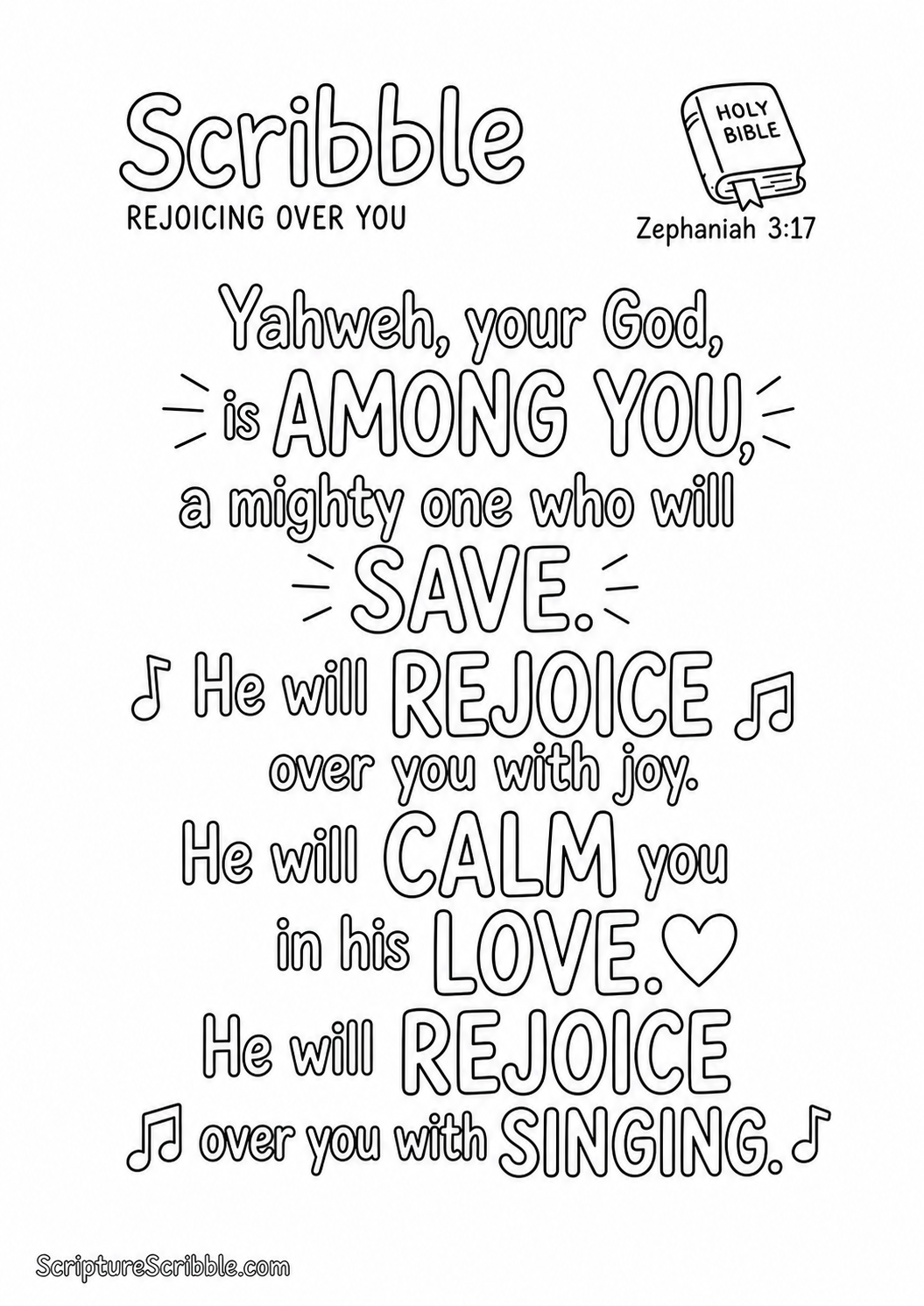 Black-and-white Zephaniah 3:17 Scripture typography colouring page featuring the full verse in large, clear outlined lettering.
