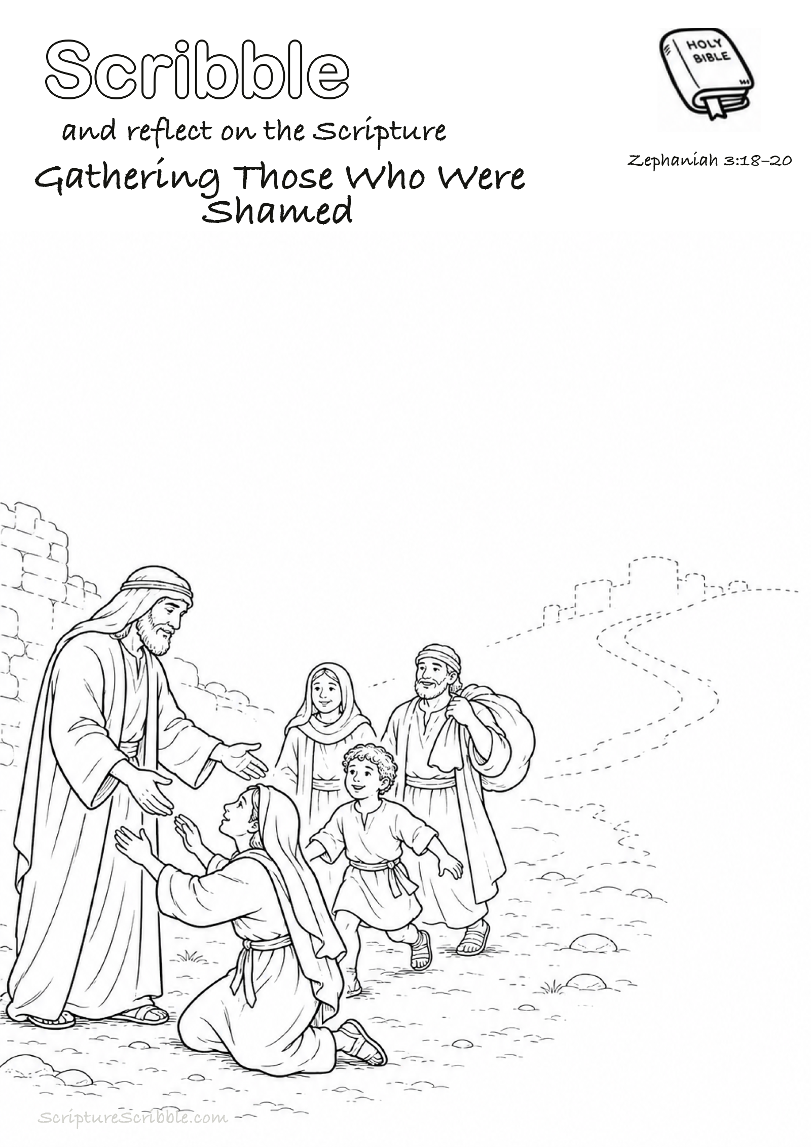 Black-and-white Zephaniah 3:18–20 devotional drawing page titled Gathering Those Who Were Shamed, with a branded header, Bible reference and unfinished Bible scene.