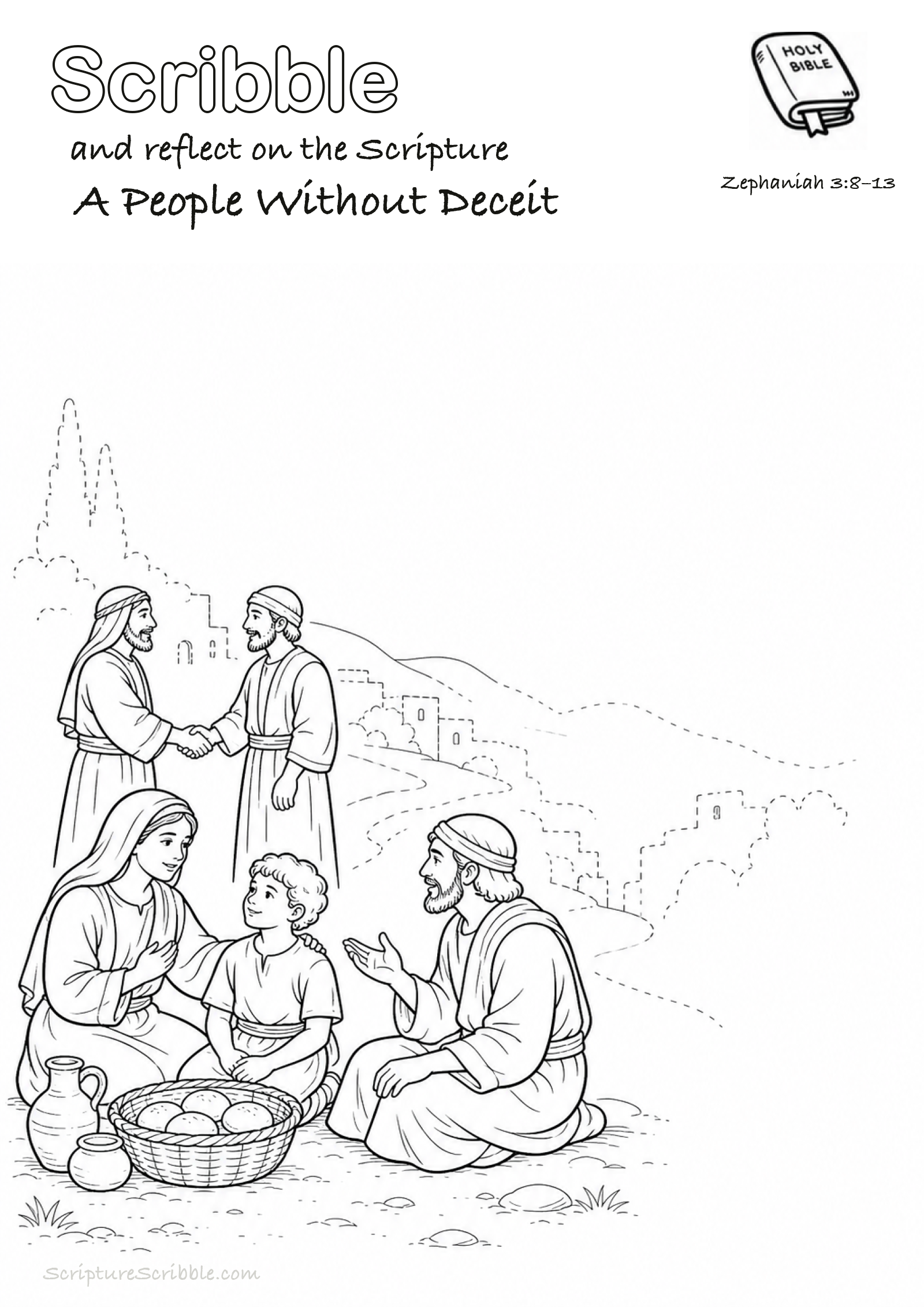 Black-and-white Zephaniah 3:8–13 devotional drawing page titled A People Without Deceit, with a branded header, Bible reference and unfinished Bible scene.